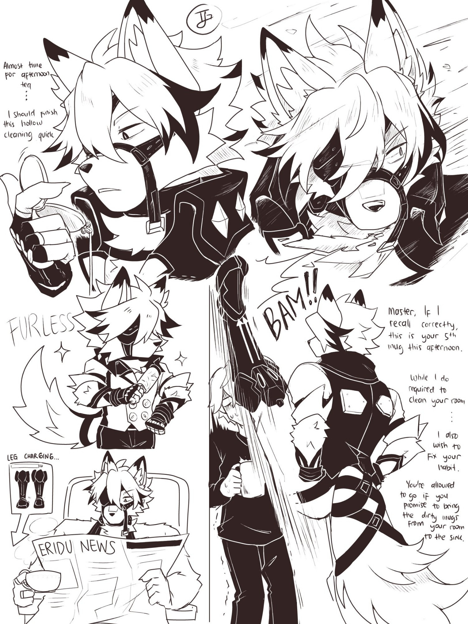 A doodle page of Lycaon from Zenless Zone Zero. He's checking his pocket watch, saying it's almost time for afternoon tea so he has to finish the Hollow cleaning quick before locked in a serious expression for the movement. After that he kept his butler uniform furless with a rolling band, then read the Eridu News while charging his mechanical leg. He then trapped Wise with his leg up right against the wall, saying he'd want to fix Wise's bad habit of bringing mugs to his room by only allowing him to go if he brings the dirty mugs from his room to the sink.