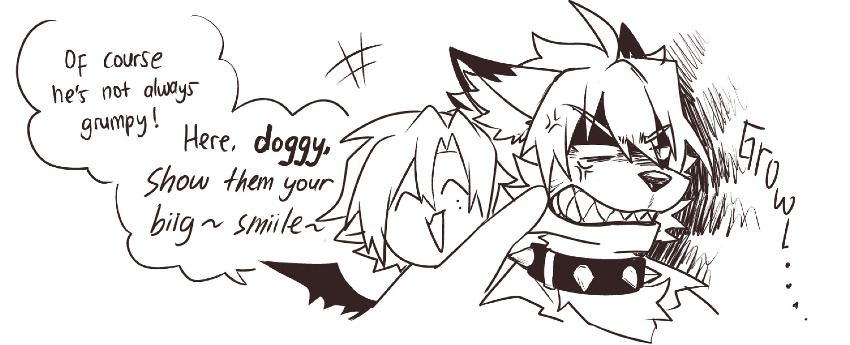 The grinning vampire toying with Lycaon's face, forcing him to smile resulting some scary looking fangs