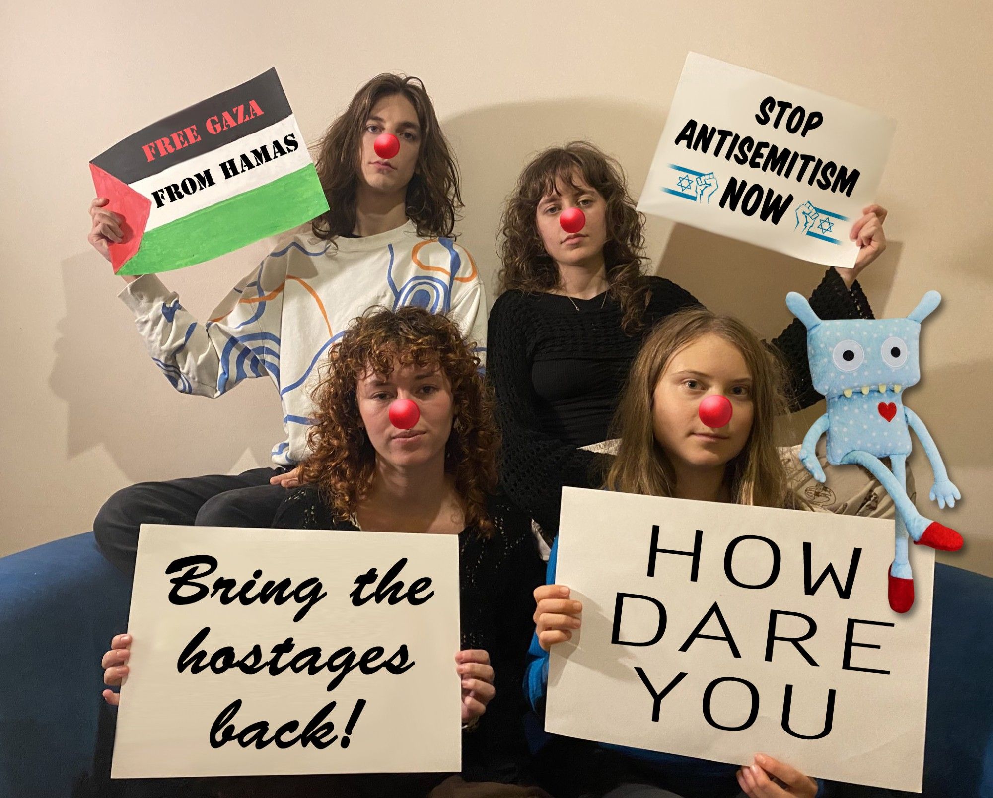 Persiflage von Greta Thunbergs unsäglichen Bild zum 270 Schulstreik, Free Gaza from Hamas, Stop Antisemitism now, Bringt the hostages back!, how dare you