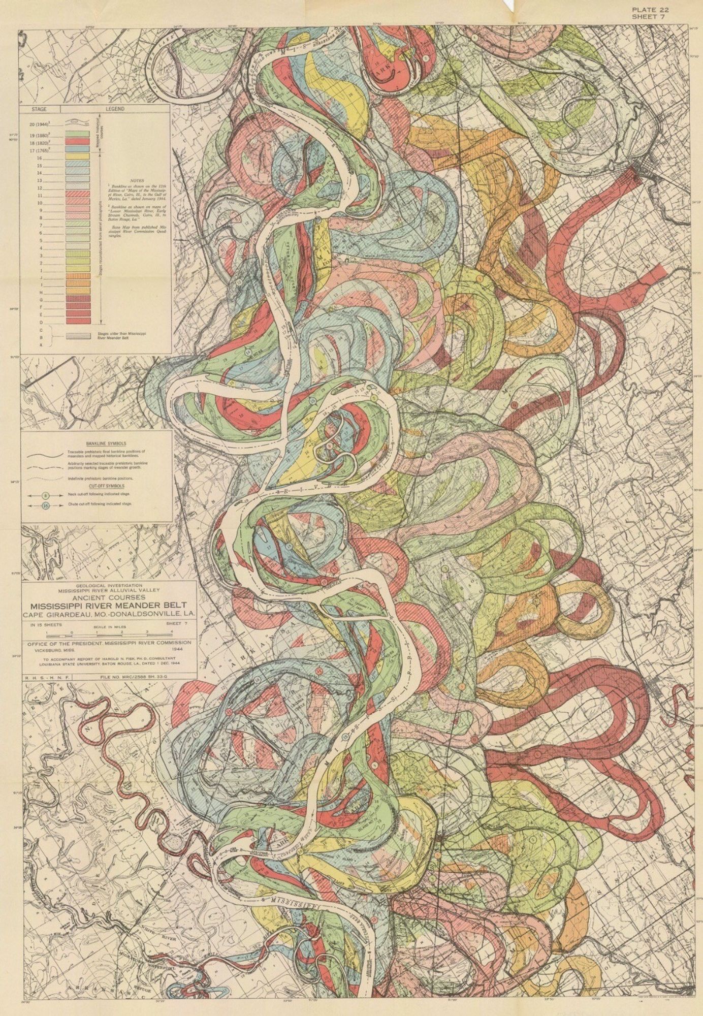 This is a map depicting the current (at the time of mapping) course of the Mississippi River. Older courses are mapped in swirls of lovely blue, green, rose, and orange.