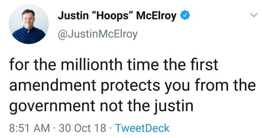 screenshot of a 2018 tweet by Justin McElroy that reads: for the millionth time the first amendment protects you from the government not the justin
