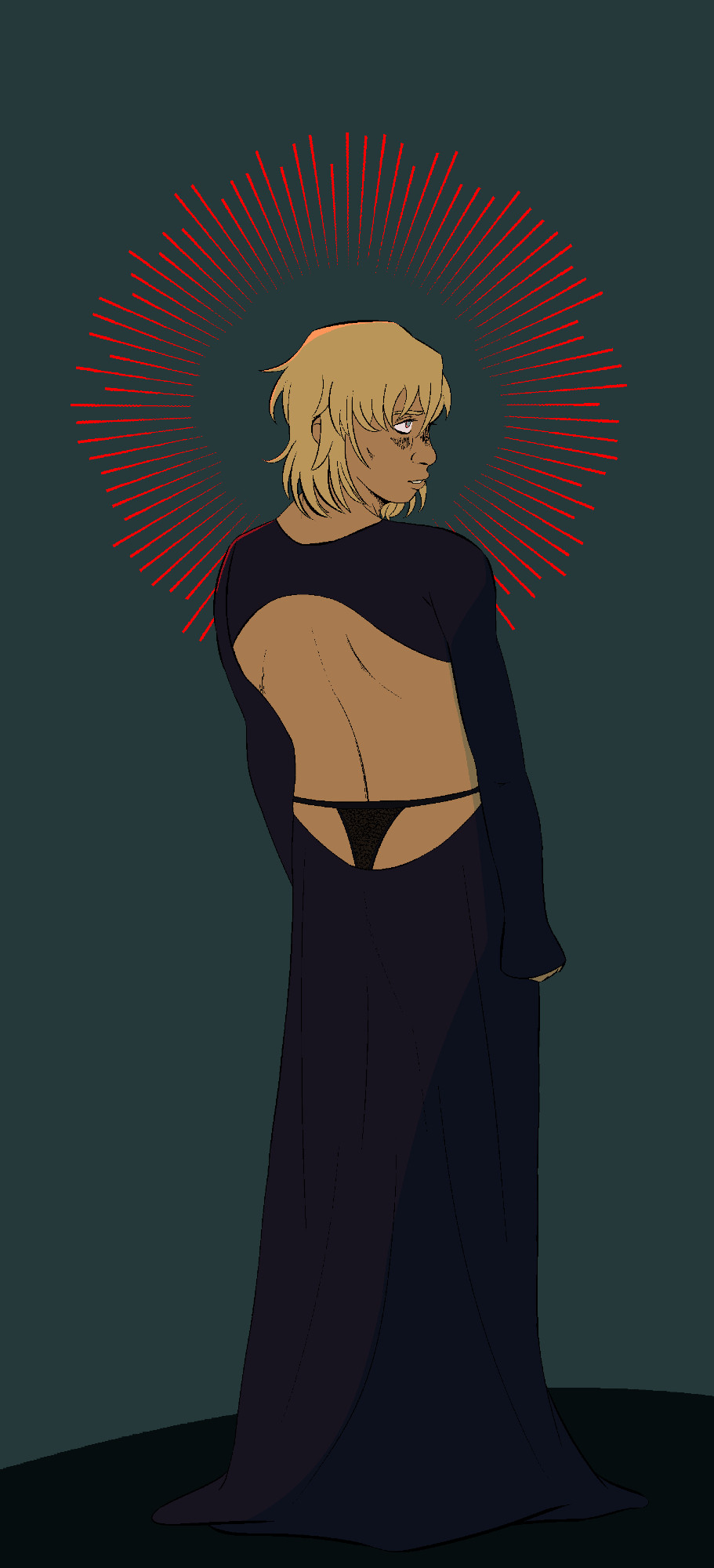 Fanart of Kurapika from Hunter X Hunter wearing an open-backed black dress with black thong visible. His back is to the viewer, and his face is in profile, facing right. His head is surrounded by a halo of bright red focus lines. He's drawn with a pixellated brush, and cell shaded lightly.