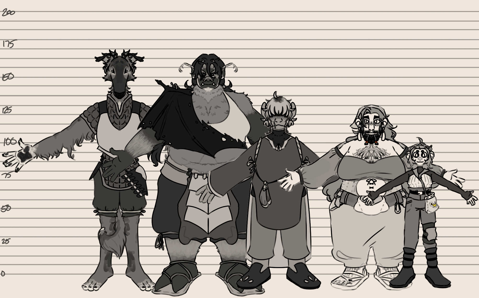 A lineup of five grayscale Dungeon Meshi fan characters. The background is tan, with horizontal lines across and numbers going from 0 to 200 in a vertical line. They are lined up by height, with tallest on the left, and are all posed with arms spread and facing forward. First in line is a kobold themed after a Borzoi, wearing padded armor and a chestplate, but no shoes. Her tail is between her legs. Second is an orc themed after a red river hog, whose sparse armor is made from monsters within the dungeon, noticeably a black big bat wing is used as a sort of leather armor shoulder plate. Thirds is a gnome wearing no armor, whose eyes are covered by their hair. Fourth is a dwarf wearing no armor, but whose clothes are noticeably nicer than the rest of the group's. Last is a half-foot who is loosely themed after a monkey, and has a small yellow banana patch sewn on an over-the-shoulder bag. The only other color is on two beads placed symmetrically on some braids in the dwarf's beard.