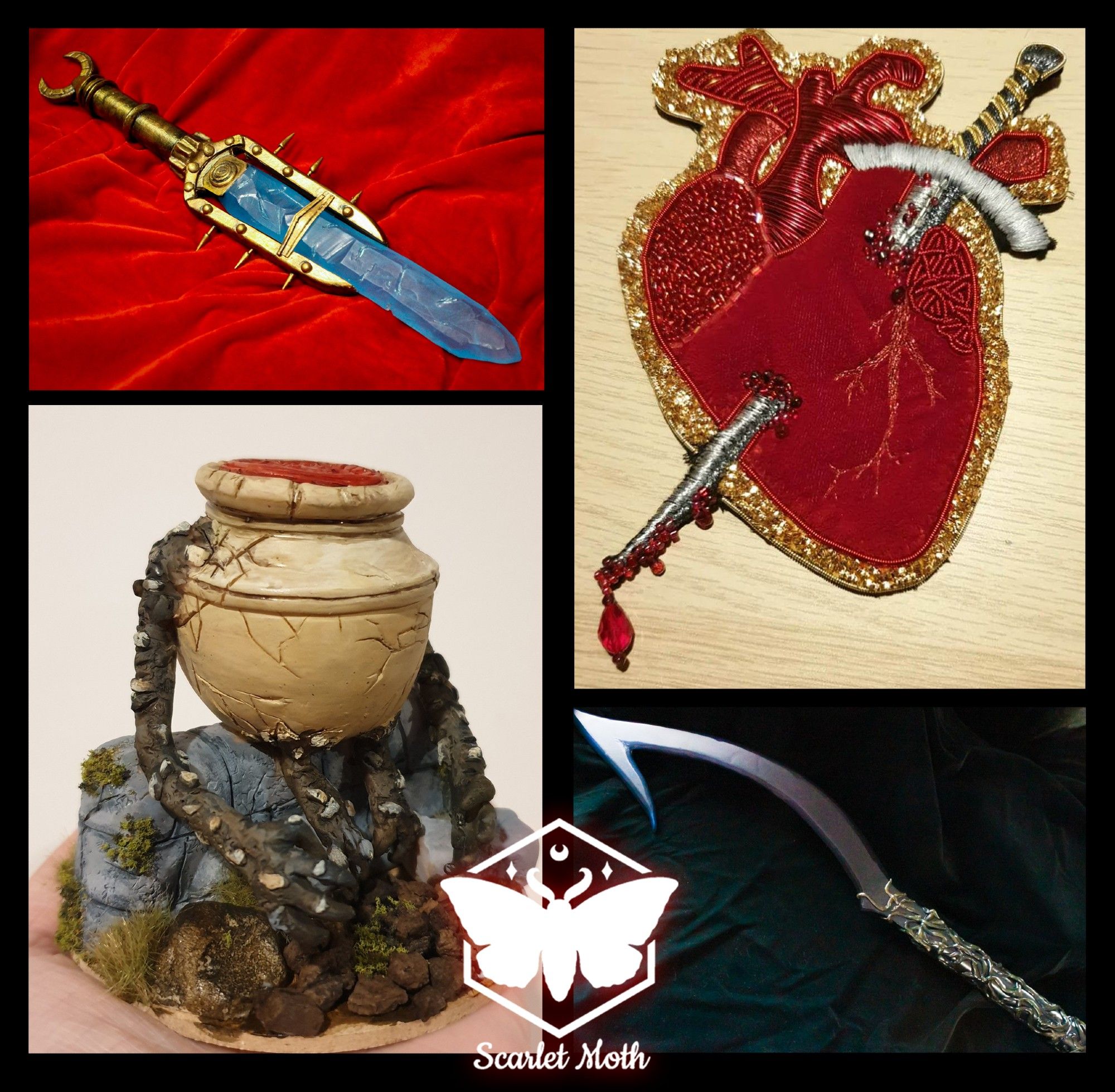 A collage of four images of props, sculptures and 3D art. The logo "Scarlet Moth" is overlayed in the centre of the collage.
From top left, clockwise: a brass gold dagger with a blue crystalline blade laid out on a red velvet backdrop; an intricate embroidery piece of an anatomically correct heart, pierced through with a dagger; a prop "khopesh" blade coloured black to dull pale blue, with vines sculpted around the hilt; a sculpture of a worn and cracked jar with rocky arms and legs, sitting on a low stone wall.