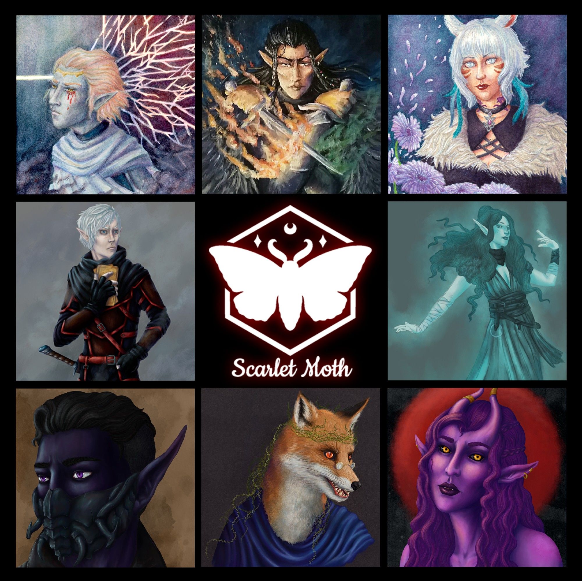 A collage of eight different art pieces with the "Scarlet Moth" logo at the centre of the collage. Top row (left to right): a portrait of a melancholic, ash-grey Aasimar; a portrait of an angular young half-elf man, facing the viewer and holding two daggers in front of him; a portrait of a young blind woman with cat ears, with floral details in the foreground.
Middle row (left to right): a painting of a young elven man with pallid features and short silver hair, clutching a deck of tarot cards to his chest; a painting of a ghostly young woman, her features are rendered in greys and blues.
Bottom row (left to right): portrait of a drow elf man with deep purple-grey skin, an intricate mask made of insect carapace over his nose and mouth; a portrait of a fox headed individual, sporting a vine crown and spectacles; a portrait of a purple tiefling woman in front of a red moon.