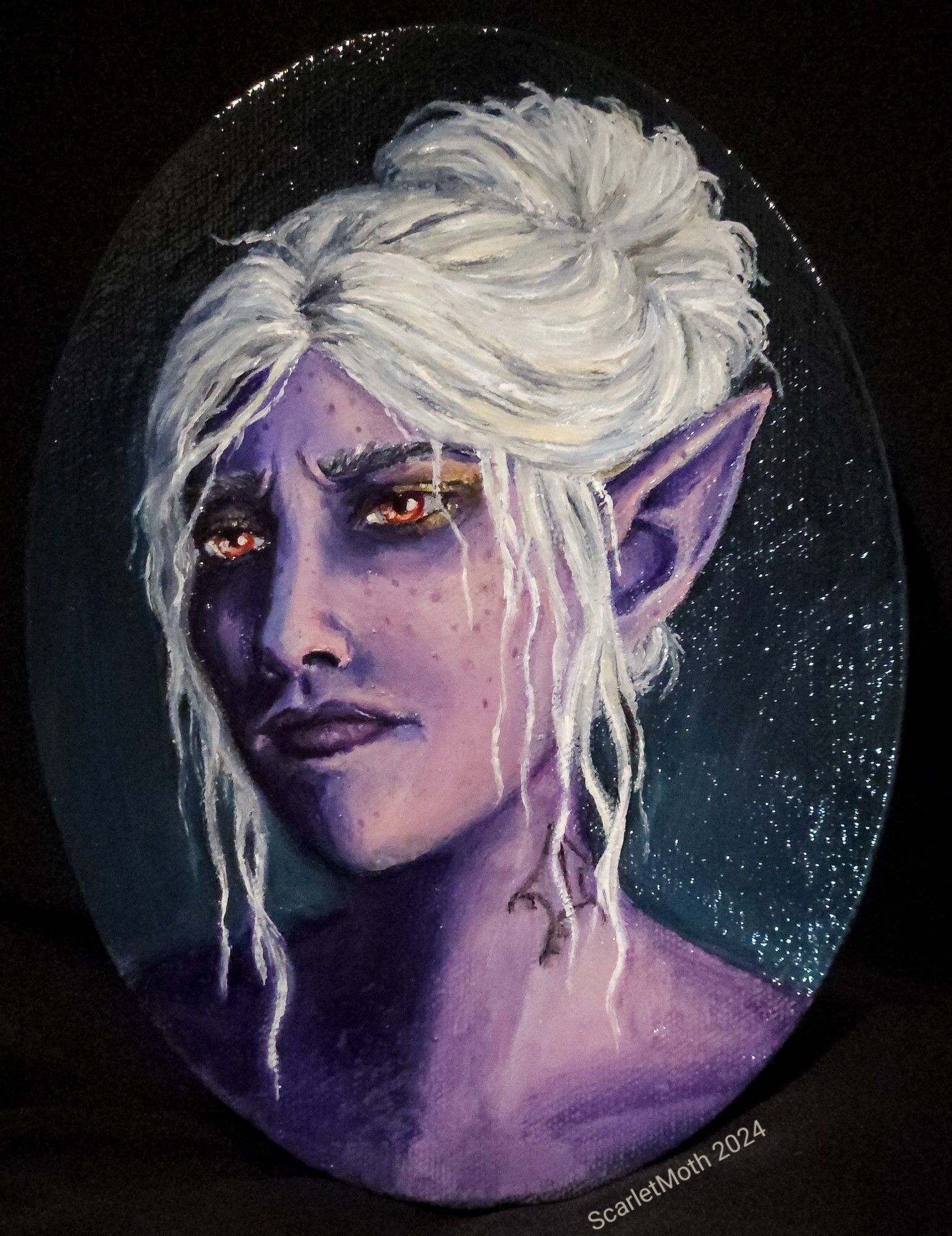 Oil painted portrait on an oval canvas, depicting q beautiful and melancholic dark elf woman. Her skin is a pale purple lilac, and she has her white hair up in a bun. She looks away from the viewer with her red eyes.