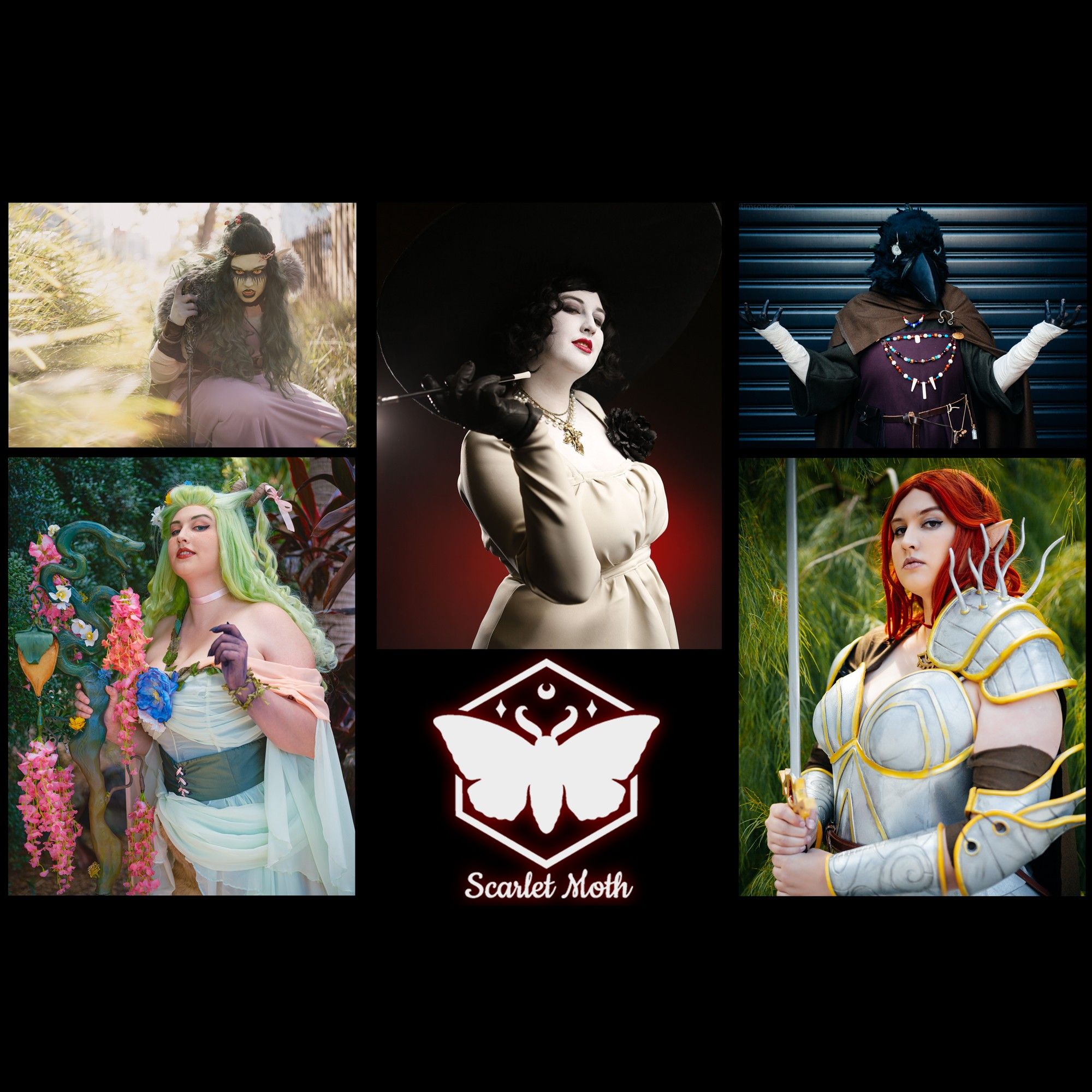 A collage of five "cosplay" photos, with the logo "Scarlet Moth" in the centre.
From top left, clockwise: photo of a snarling crouched young woman holding a sword, with green skin and dark green hair; photo of a beautiful but threatening-looking pale woman, wearing a white dress and a very wide brimmed hat, holding a cigar-holder; photo of a figure with a raven head, wearing viking era clothing; photo of a red-haired elven woman looking towards the viewer, wearing silver armour and holding a silver sword; photo of a satyr with pale green hair, looking mischievously towards the viewer, wearing a pale green and pink dress and holding a staff which has been shaped too look like snake heads.