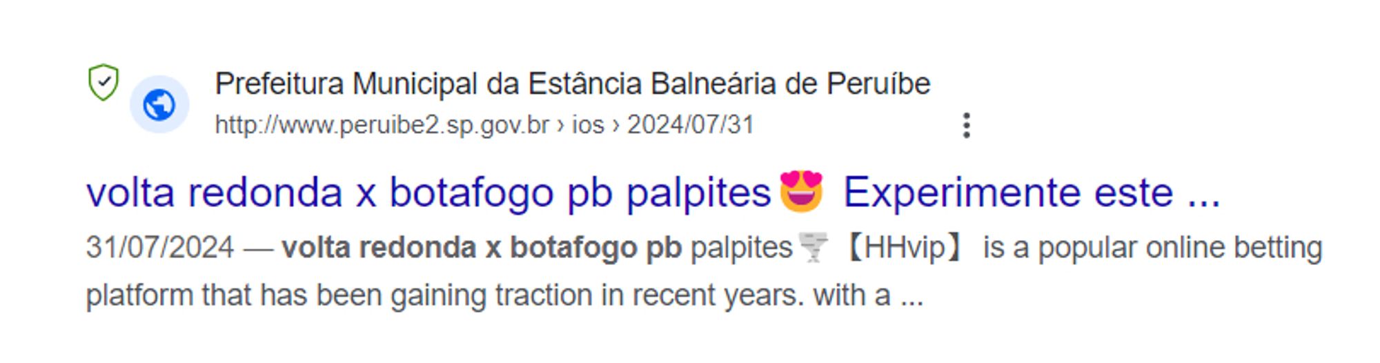 página falsa de informações sobre uma partida da Série C voltada a apostadores, hospedada na página da prefeitura de Peruíbe-SP