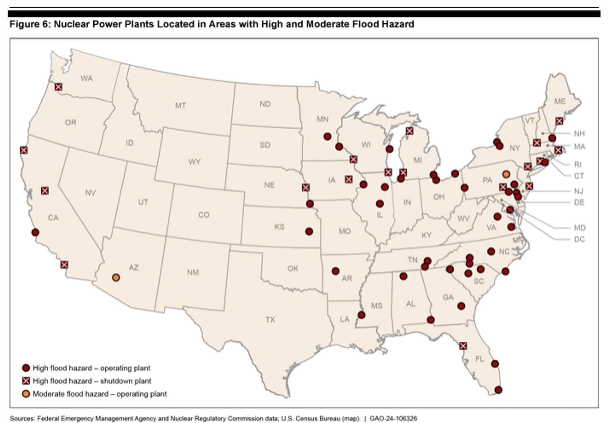 Figure 6: Nuclear Power Plants Located in Areas with High and Moderate Flood Hazard [map]