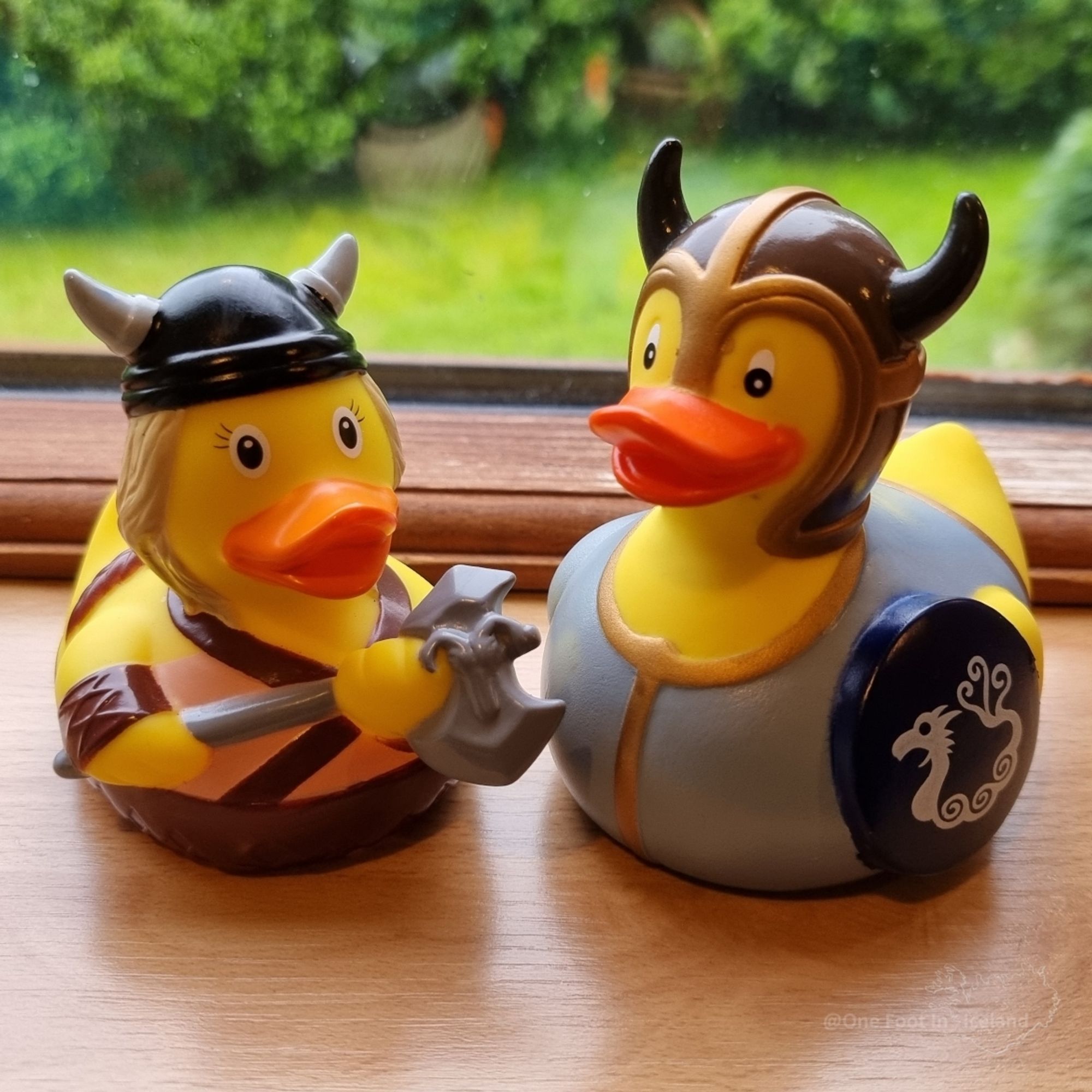 Two rubber ducks on a windowsill looking out onto a green garden. They are male and female and both dressed as vikings, she with an axe and he with a shield. Both wear horned helmets.