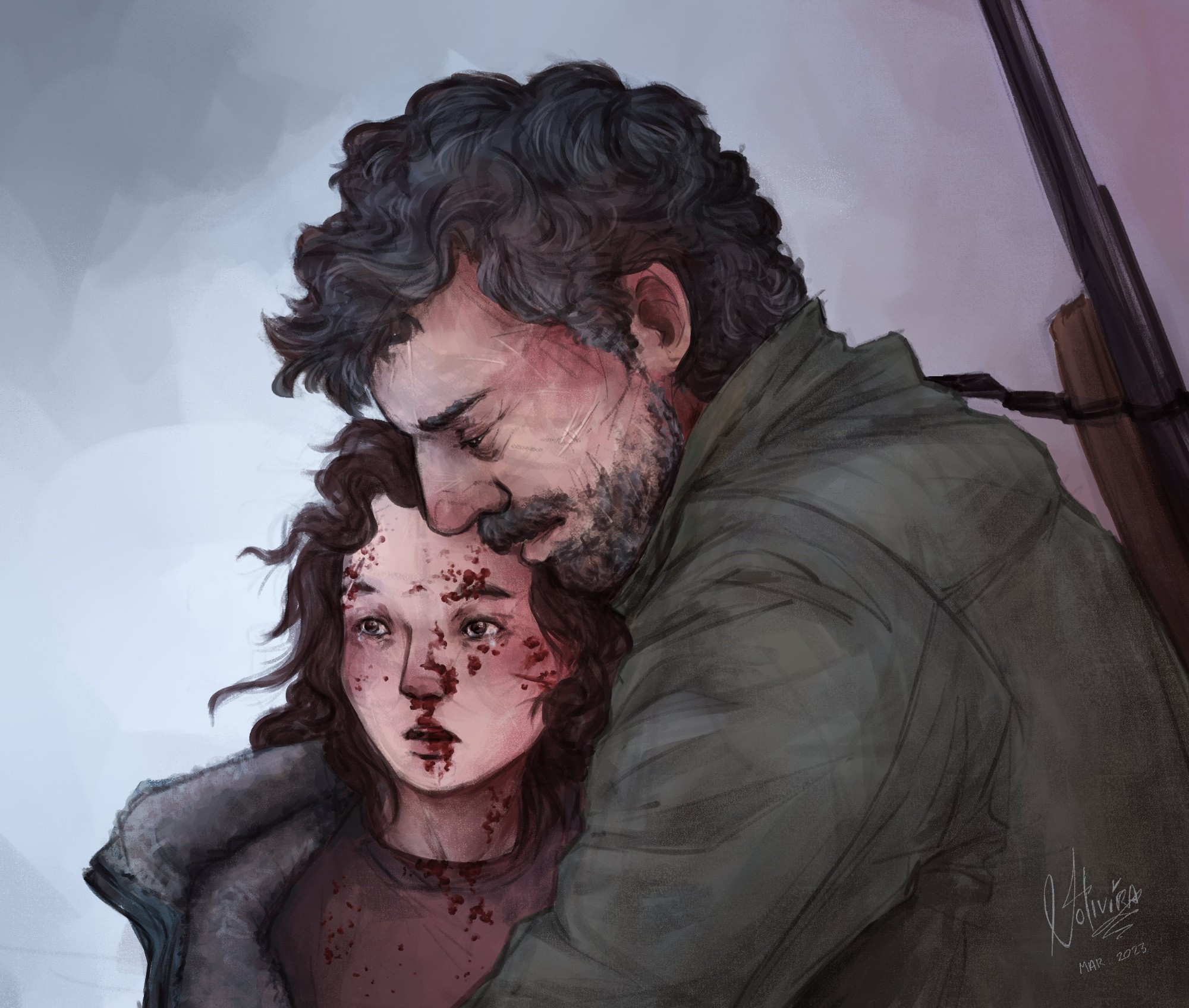 ilustração digital de cena da série The Last of Us em que joel abraça ellie