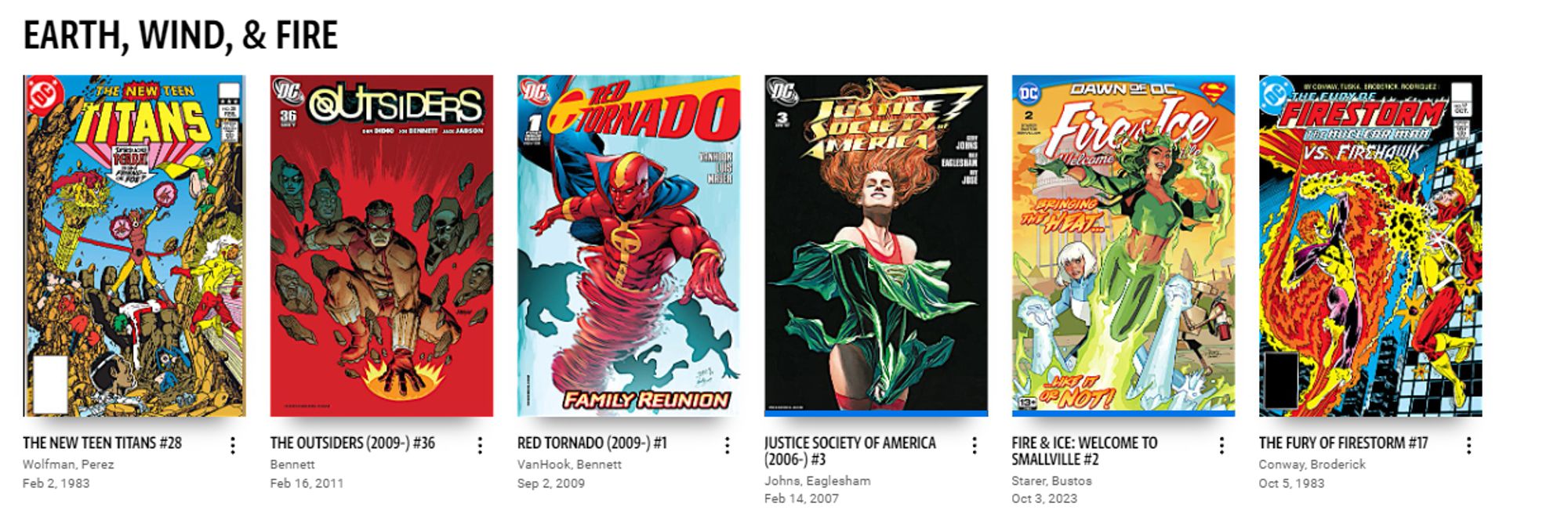 A category of DC Comics on the DC Universe app...Earth, Wind & Fire featuring titles with Terra, Geo-Force, Red Tornado, a character from the JSA, Fire & Ice, and Firestorm & Firehawk.

I feel like I should know the name of the JSA character and I'm sure someone will quickly point it out; however, it is from a period of JSA I wasn't reading and honestly it's a Geoff Johns story, which usually bores me to tears anyway.

So, if you feel like saying "um, that's <fill in the blank>", please don't. I've lived this long without it being a primary memory in brain, I can go the rest of my life not knowing.