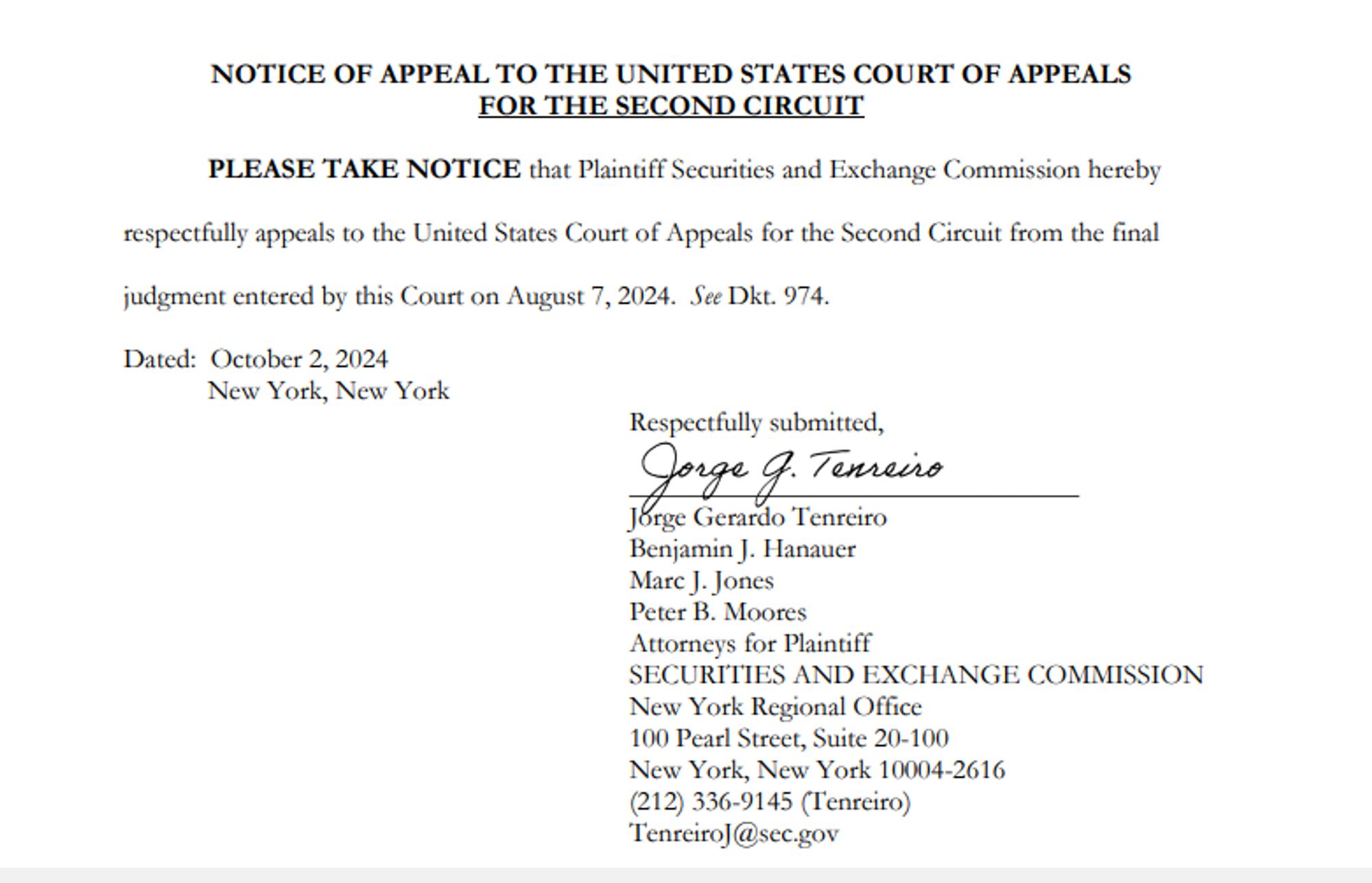 NOTICE OF APPEAL TO THE UNITED STATES COURT OF APPEALS
FOR THE SECOND CIRCUIT

PLEASE TAKE NOTICE that Plaintiff Securities and Exchange Commission hereby respectfully appeals to the United States Court of Appeals for the Second Circuit from the final judgment entered by this Court on August 7, 2024. See Dkt. 974.

Dated: October 2, 2024
New York, New York