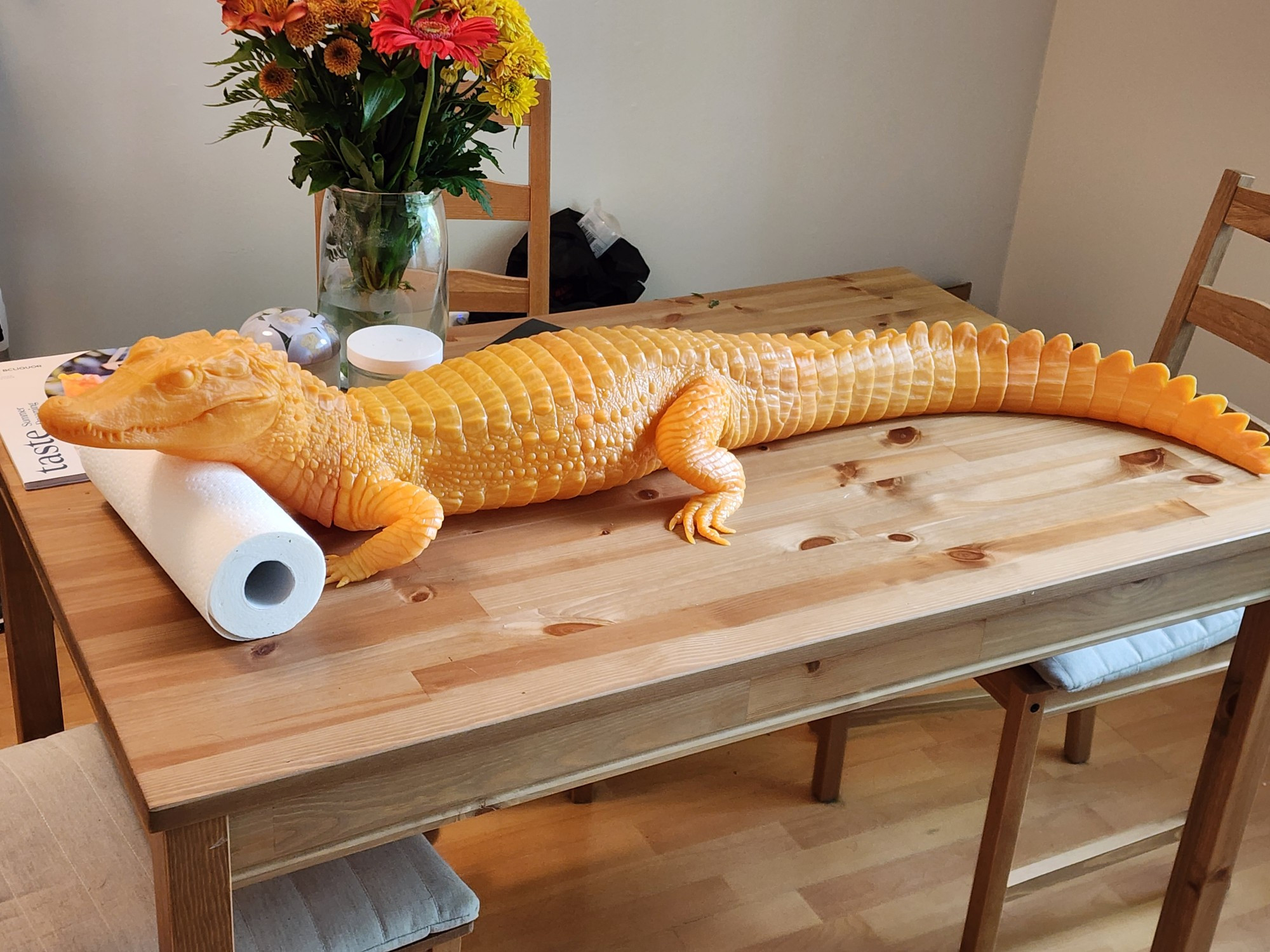 Model of a Cuvier′s Dwarf Caiman, life size, sitting on a dining table