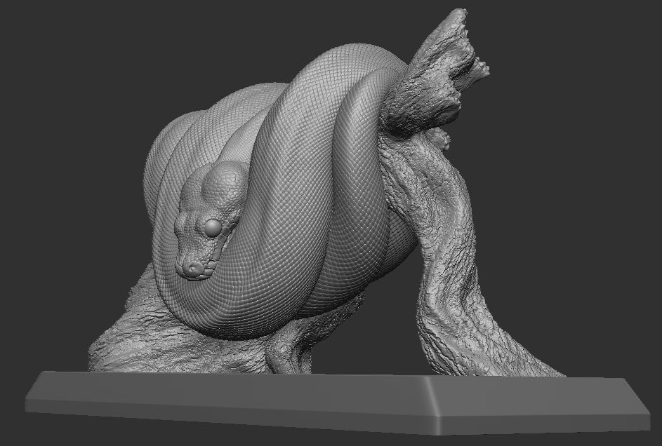 Digital sculpture of a Green Tree Python coiled on a branch