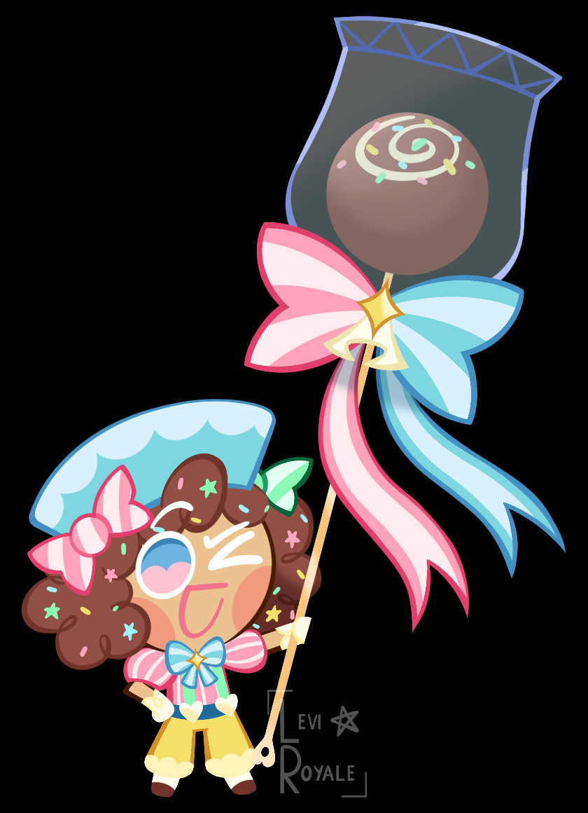 A Cookie Run original character. It is a young child, specifically a he, that wears a blue square-ish hat with pink and green ribbons adorned on the sides. His curly short brown hair is covered in pink, yellow, blue, and green sprinkles, sometimes there are star-shaped sprinkles on them. He wears a pink striped shirt with puffy sleeves and a blue ribbon. He wears yellow pants that also serves as overalls. Lastly, he wears white gloves on each hands and brown shoes with white socks. He's holding a gigantic chocolate cake pop, covered in a plastic pouch and adorned with a blue and pink ribbon