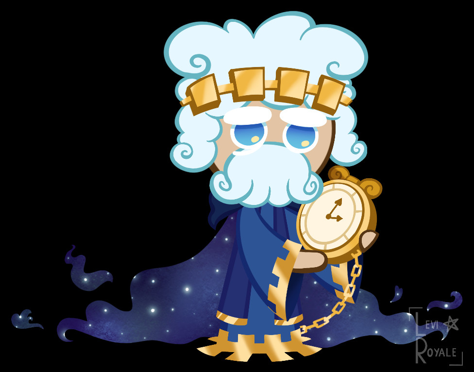 A Cookie Run original character. It is an old man with light blue fluffy cloud-like short hair, wearing a golden crown with squares, with a cloud-like beard. He wears a blue long-sleeved garment with gold cog-like tips at the bottom and on the sleeves. He also wears a blue galactic-like cape that shows a small part of a galaxy. He is holding a big golden pocket watch.