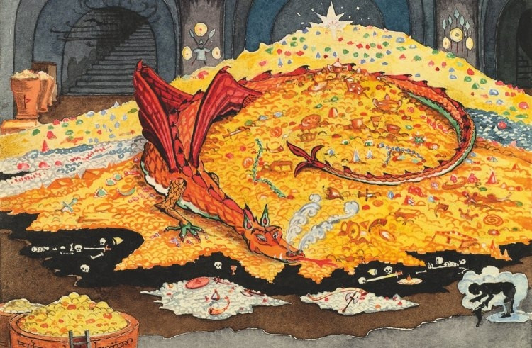 Tolkien's illustration of the Dragon Smaug in Erebor atop his treasure