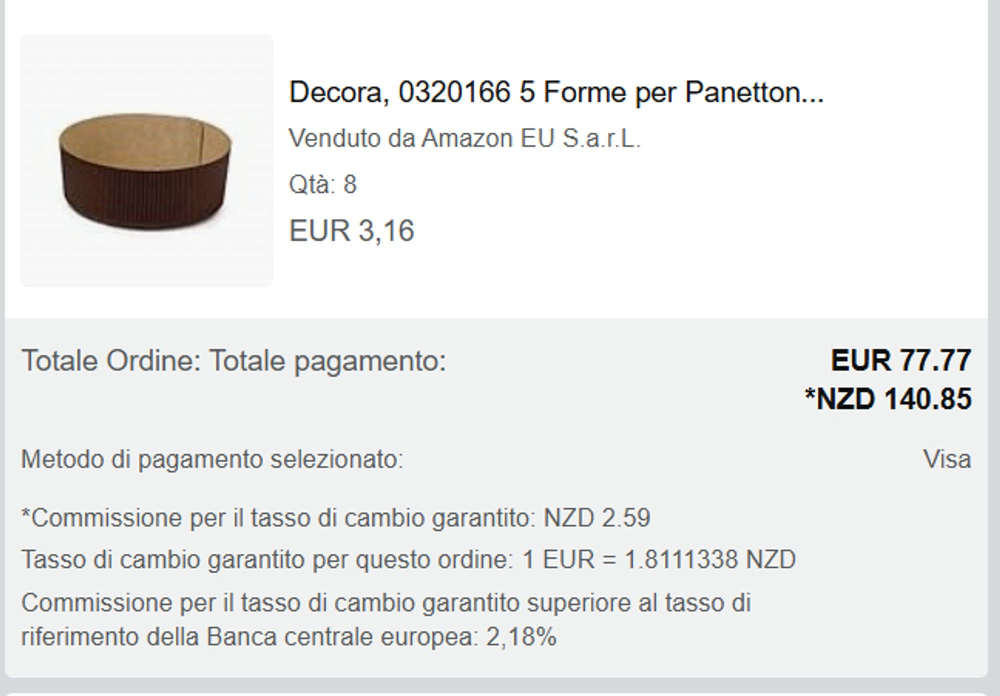 Receipt for the purchase of 40 750g panettone moulds.