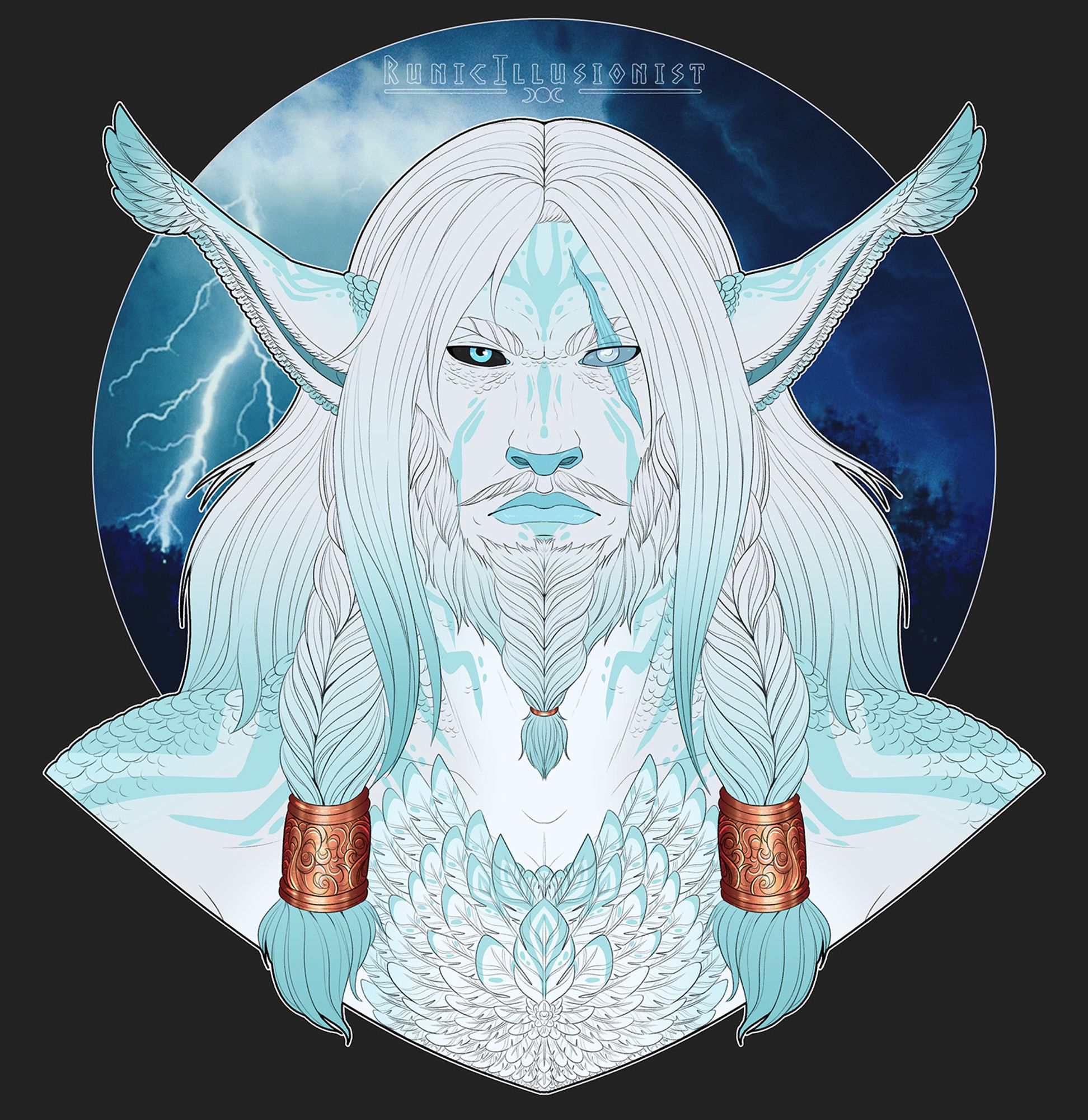 Digital bust of a male humanoid alien character that is covered in feathers. He has long white hair that becomes a faded cyan at the tips. The colors of his hair matches the colors of the feathers on his body. His eyes are cyan in color, with his left eye a more faded color, due to blindness. A scar runs down over the blind eye. One sclera is black, while the other is a grey-cyan coloration. His flesh is cyan as well. He had a braided beard, and two thick braids hanging beside his neck, held together by a decorative bronze hair clip.