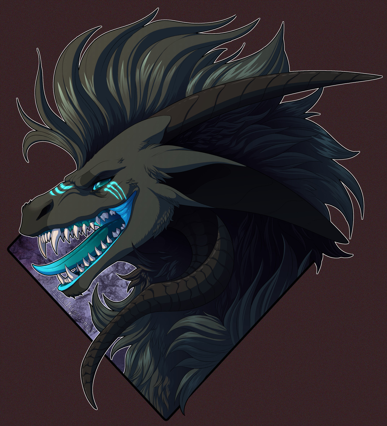 A bust of a very fluffy dragoness. Her mouth is open in a grin. She is mostly a grey coloration, with glowing cyan markings on her muzzle and under her eye. The inside of her mouth is also cyan. She has long ears, and two horns: One that is angled back, and one that curls down low and back to the front.