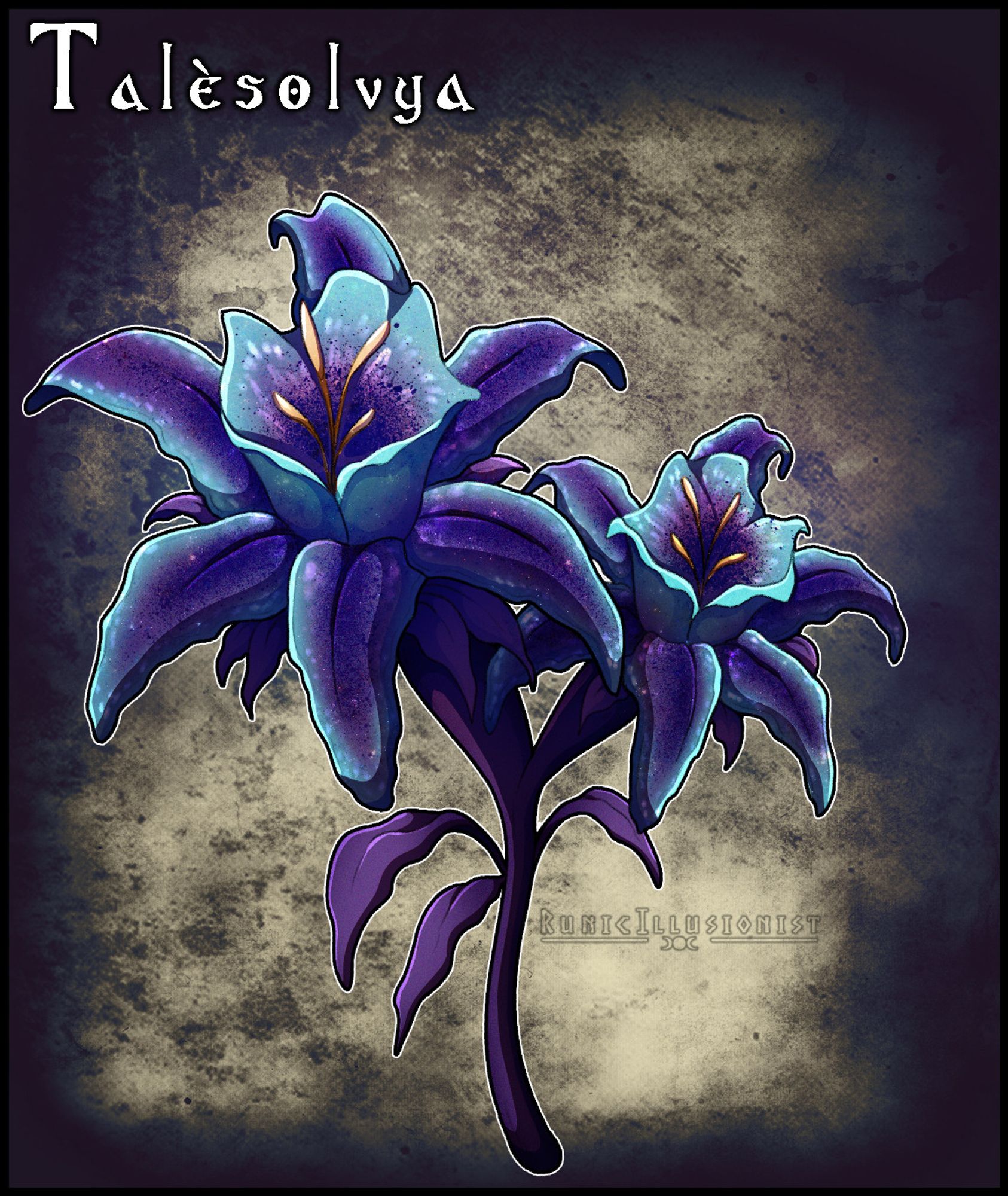 "Talèsolvya" -- An alien flower, resembling a lily. Its stem and leaves are a deep purple color. The flower itself has six long petals that slightly fold downward, with a bulb in the middle. It is primarily a dark purple color, with faint spots decorating the petals. The petals are outlined in a cyan coloration.