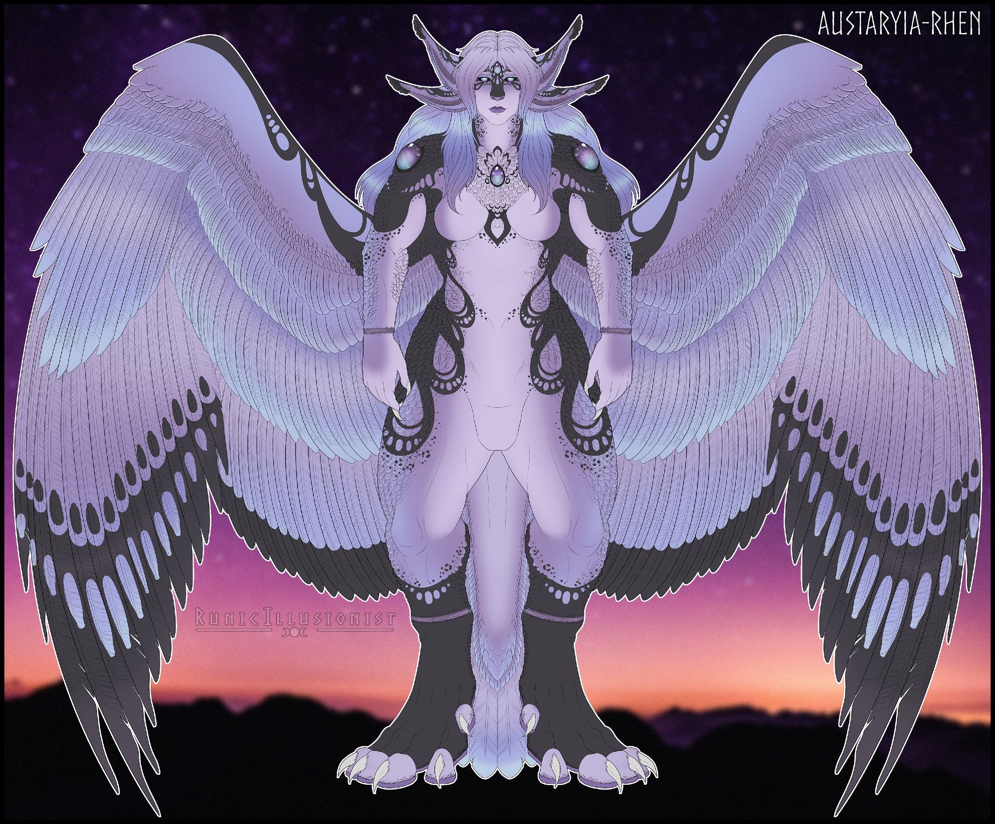 A full-body piece of an alien species, a hybrid between a Wienavar and a Sidériah. She is covered in feathers, having colors of pale lavender, cyan, and black. She has sectoral heterochromatic eyes that are lavender and cyan, with vibrant silver pupils. Her markings bear similarities to monarch butterflies. She has four long ears, with feathers lining the helix and tip. There are gems embedded in her shoulders, chest, and forehead, containing cyan and purple nebulae and stars within them.