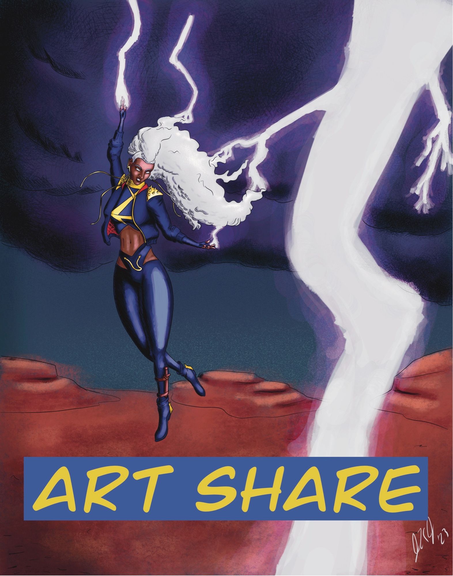 Digital painting of Storm of the X-Men. She’s a Black woman with billowing white hair that resembles a cloud. She’s wearing a black leather costume with a black bomber jacket and gold trim. She is flying above a red desert landscape while a bolt of lightning strikes in the extreme foreground. Text at the bottom reads “Art Share”