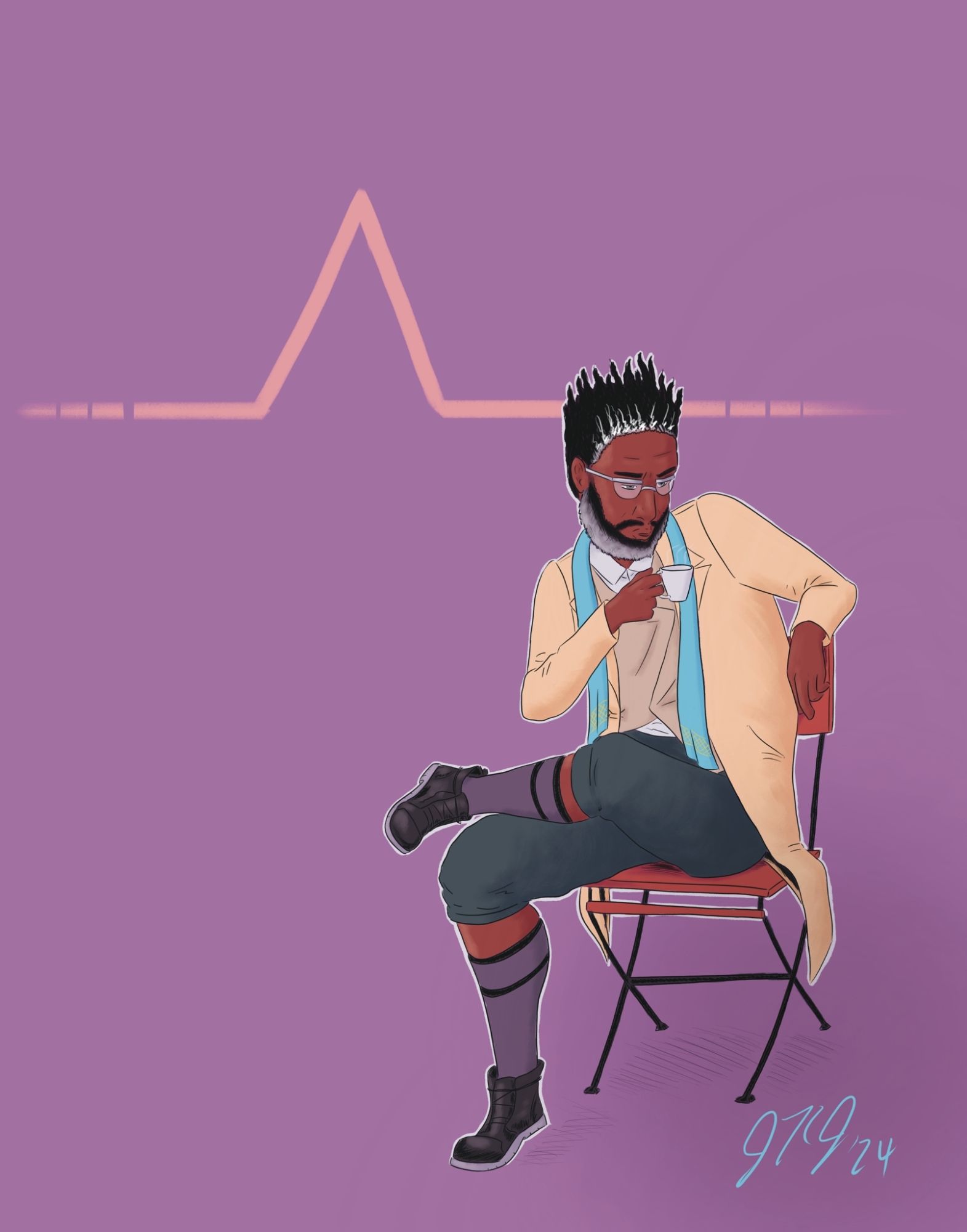 Digital painting of Etienne Lux of The Power Fantasy. He's wearing a tan long coat over a khaki vest and olive sweatpants bunched up at his knees.  Etienne sits in a folding chair, casually blowing on a hot cup of coffee.