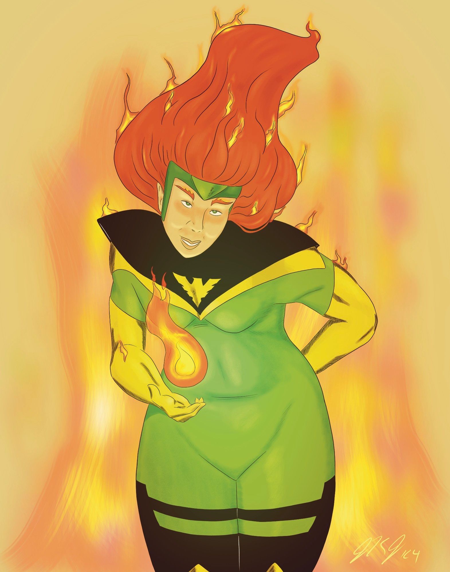 Digital painting of Jean Grey of the X-Men as Phoenix. She leans towards the viewer with her palm outstretched holding a small ball of fire.