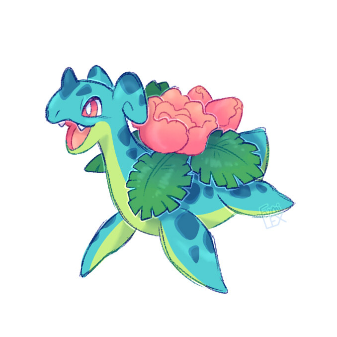 digital art of a pokemon hybrid named Delta. They are a miniature lapras with spotted turquoise skin, a light green underbelly, and pinkish red eyes. On its back are large pink roses and green leaves, like you would see on ivysaur, except one of the flowers is blooming. Its mouth is open with a happy expression, as if calling out to a friend