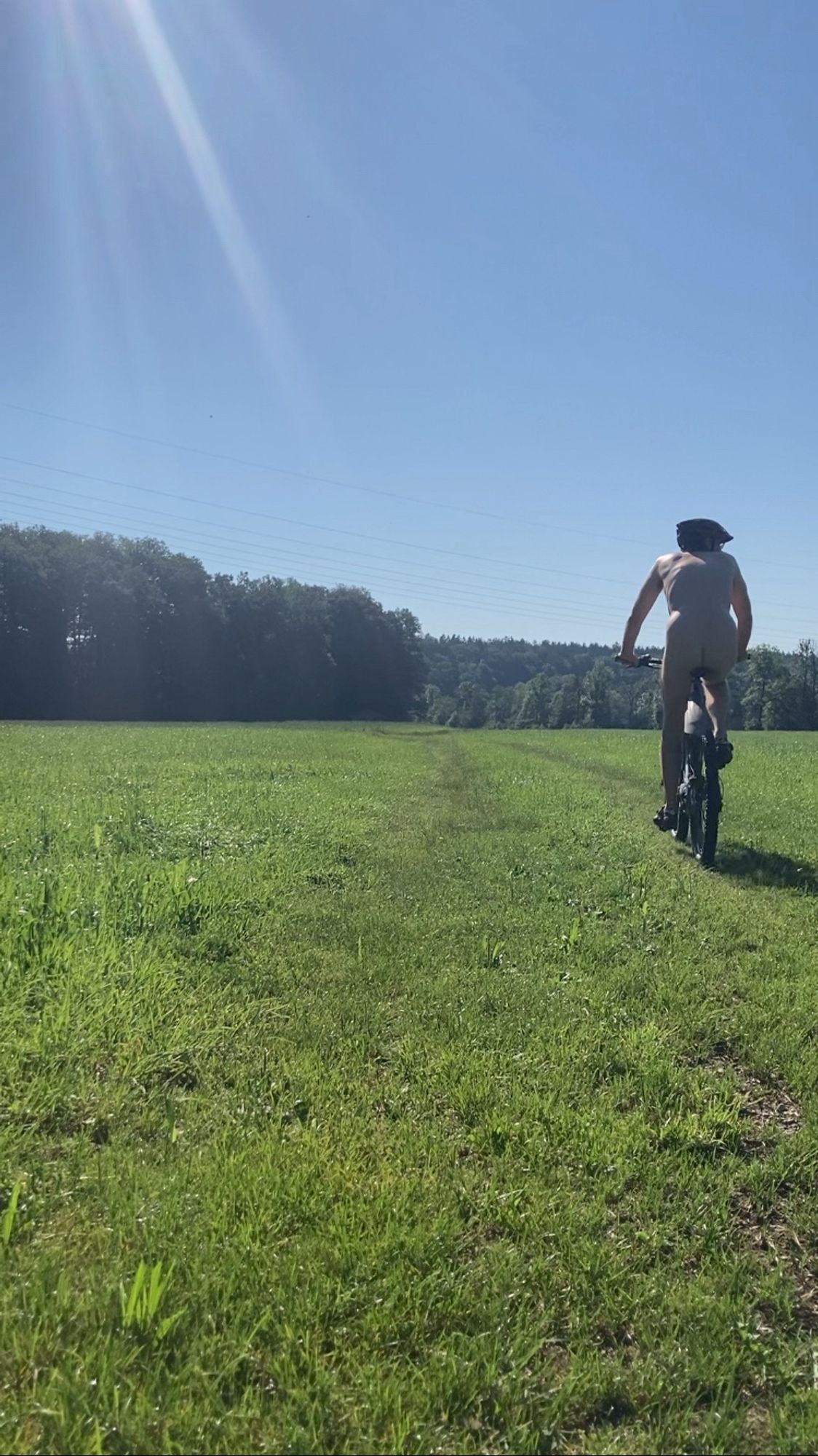 Nude man (back) on a back with trees in the background.