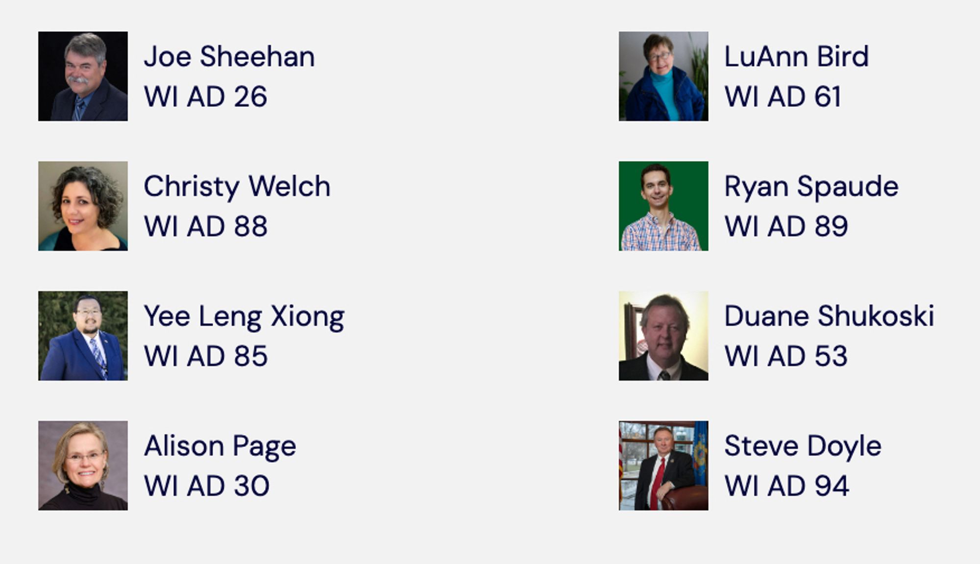 Recipient
Joe Sheehan
WI AD 26
Recipient
LuAnn Bird
WI AD 61
Recipient
Christy Welch
WI AD 88
Recipient
Ryan Spaude
WI AD 89
Recipient
Yee Leng Xiong
WI AD 85
Recipient
Duane Shukoski
WI AD 53
Recipient
Alison Page
WI AD 30
Recipient
Steve Doyle
WI AD 94