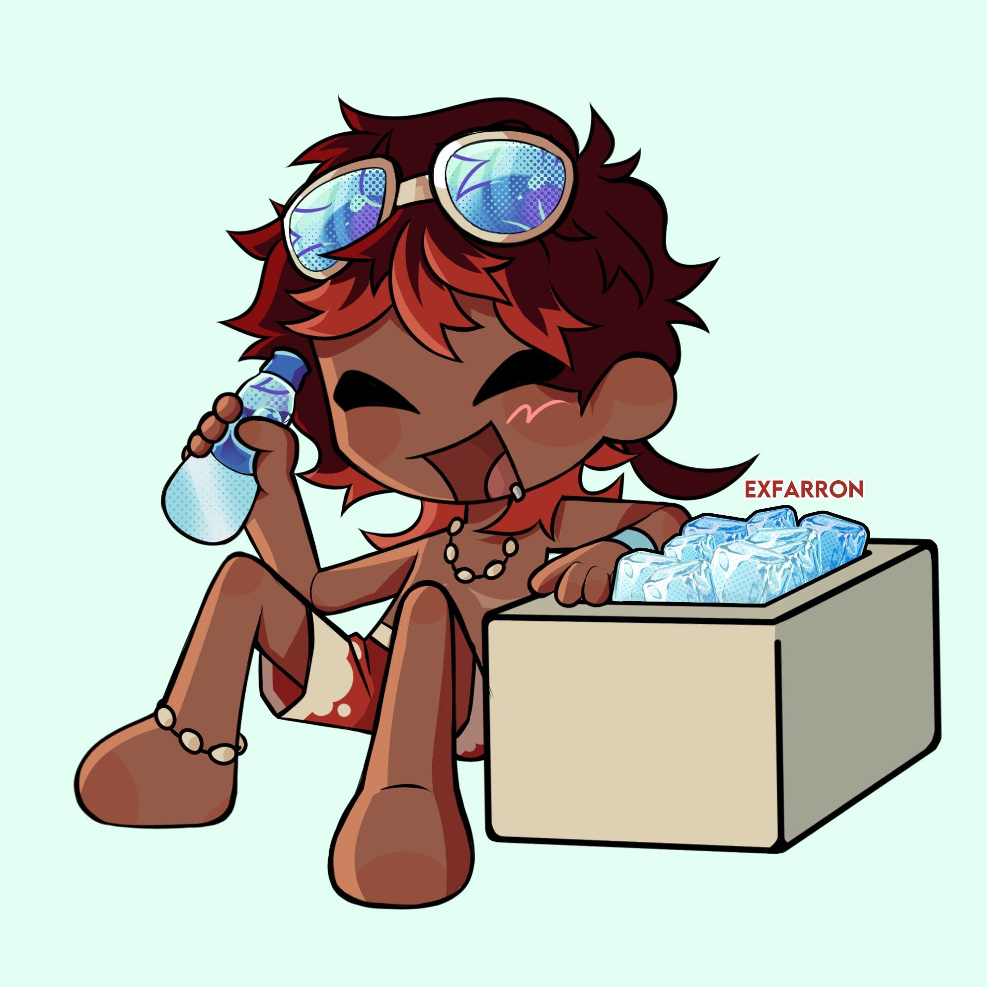 An illustration of a character sitting on the ground, wearing swimwear, he is holding a ramune drink in his right hand and laying his other arm in a box full of ice.