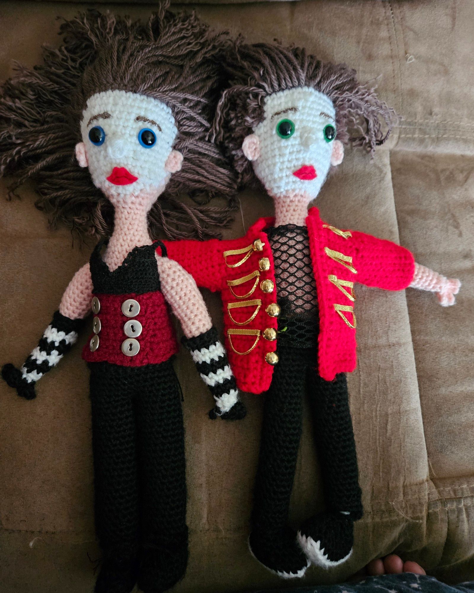 Crocheted dolls of the band members of the Dresden Dolls