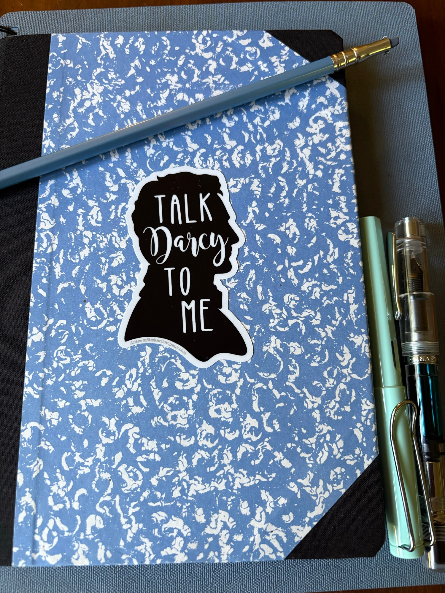 Blue planner, blue notebook, blue pencil, blue fountain pens