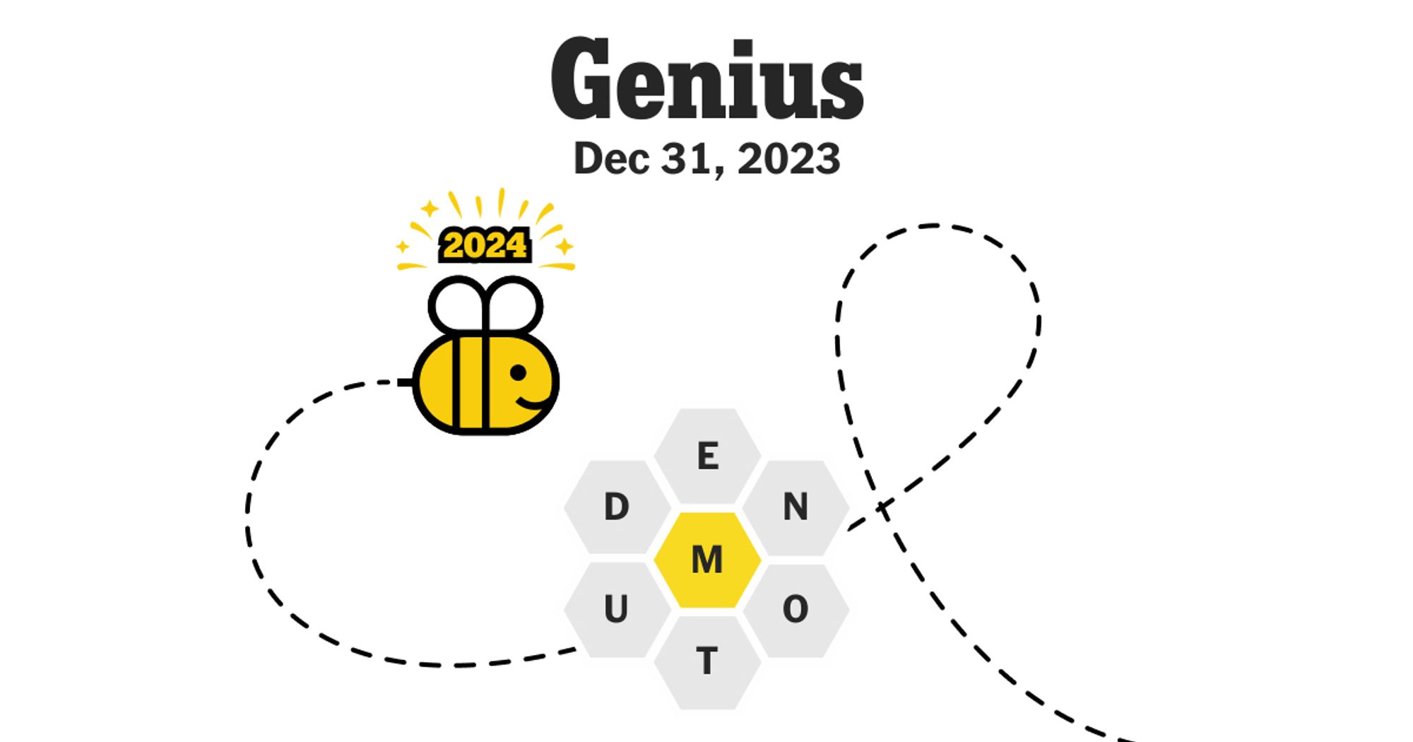 The “genius” icon for today’s spelling bee, with center letter M and outer letters DENOTU
The bee mascot is wearing a little *2024* icon instead of her usual mortarboard.