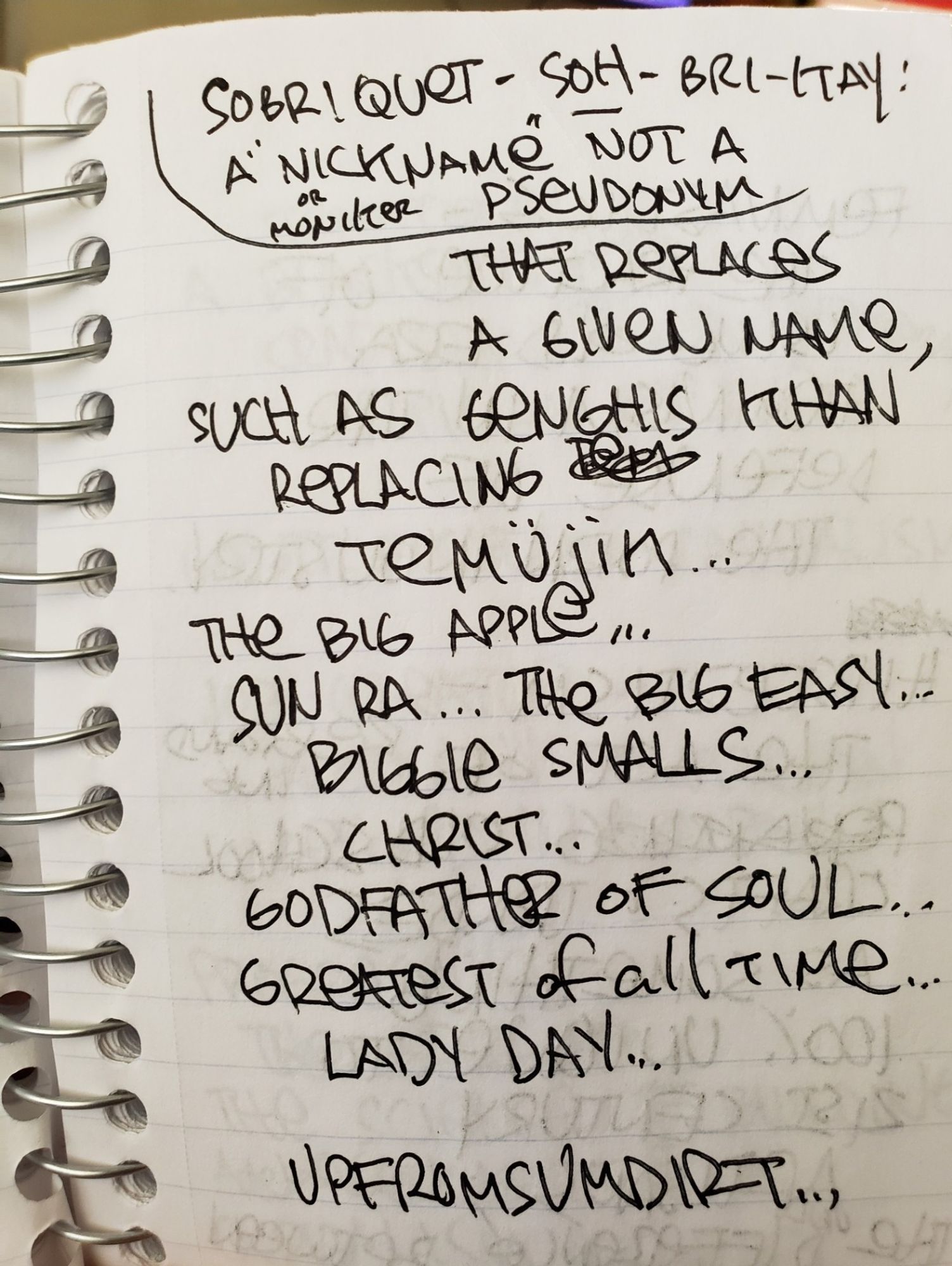 handwritten definition of sobriquet: a nickname not a pseudonym. and a list of examples: the big apple, biggie smalls, lady day, the big easy, and others