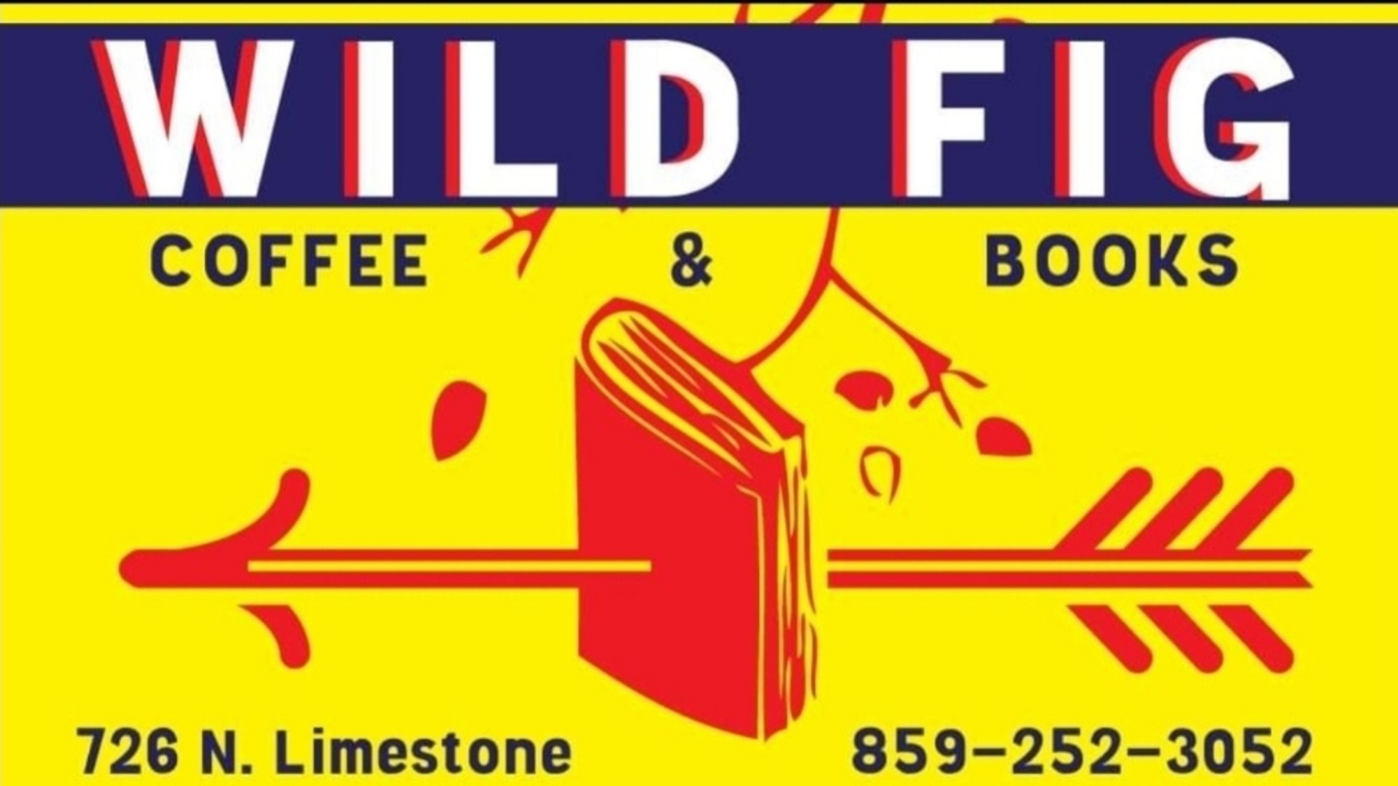 wild fig biz card: yellow with blue strip & white lettering that reads wild fig and an illustration in red of a book with an arrow through it.