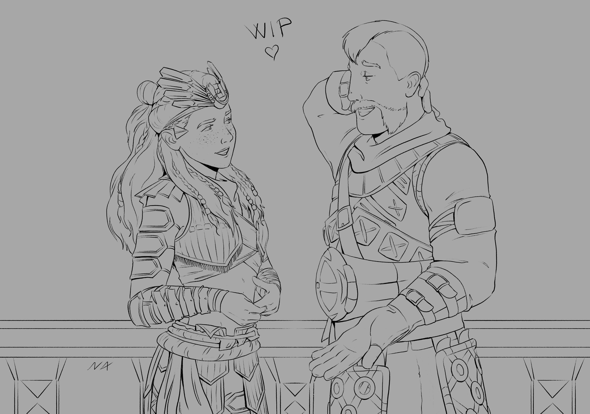 Drawing of Aloy and Erend talking on a balcony in the Palace of the Sun. Work in progress, only line art.