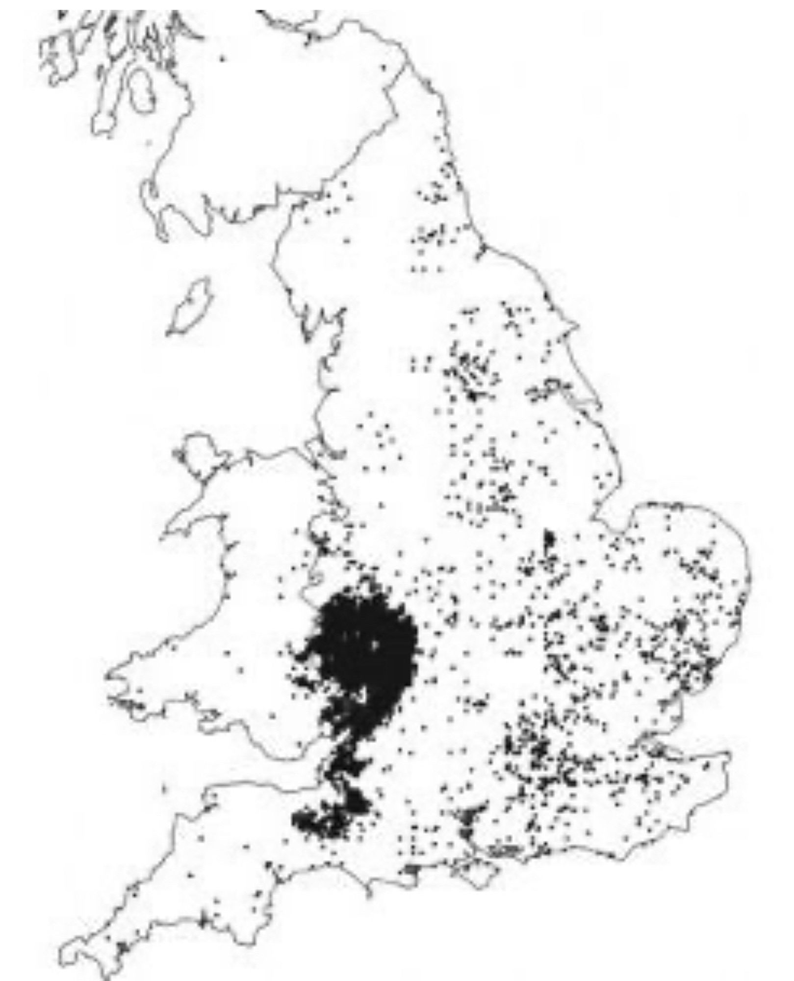 Map showing distribution of mistletoe in England and Wales. There are dots on the map, with so many in the West Midlands down to Somerset that the map is solid black in this area.