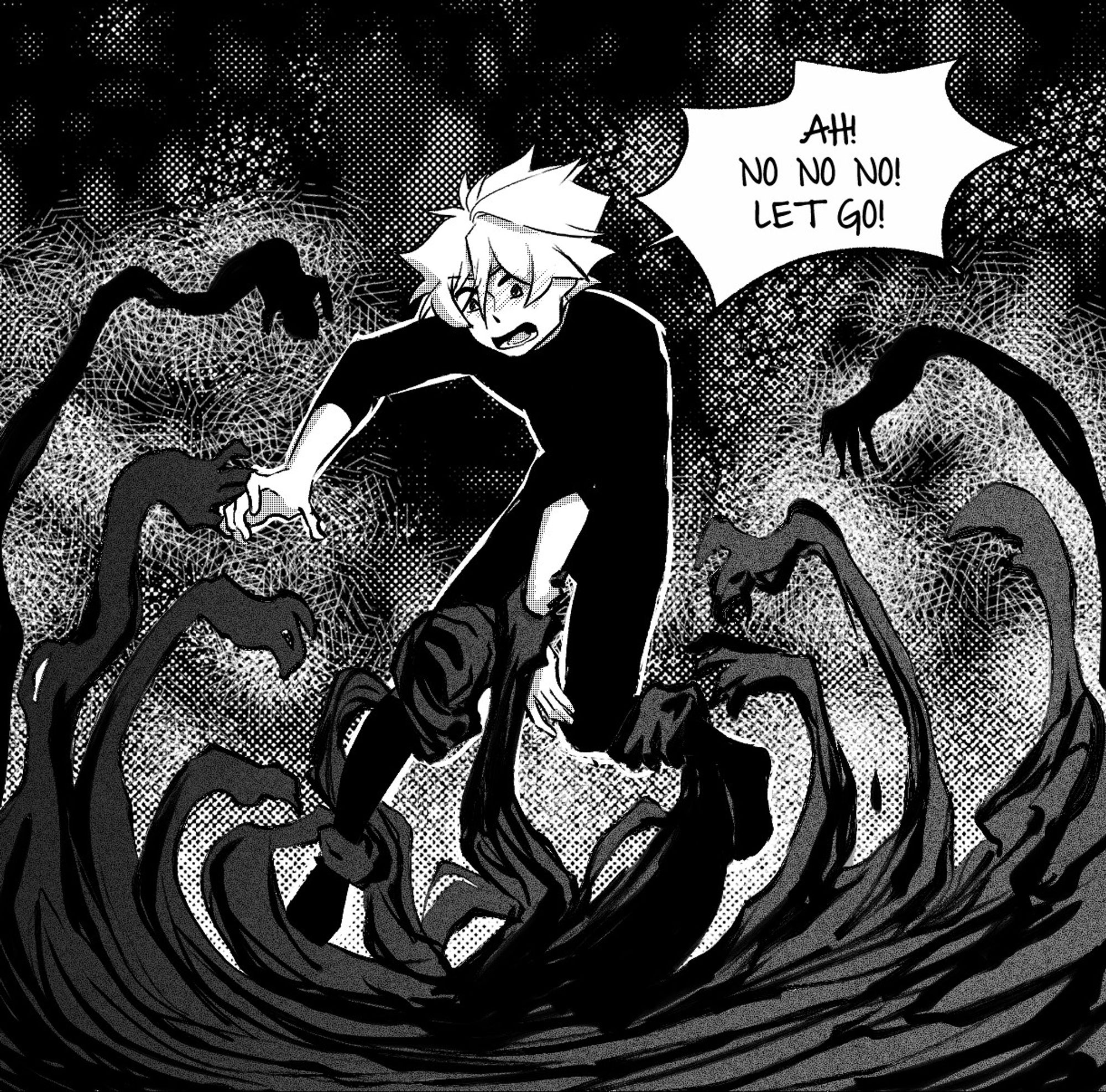 Manga style artwork, panel of a webcomic called Moonlight Apparition, Jason is being possessed by a dark energy.