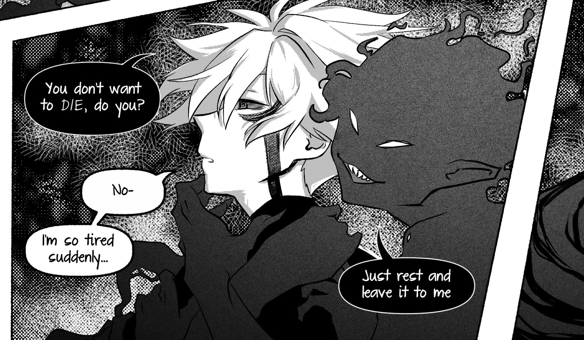 Manga style artwork, panel of a webcomic called Moonlight Apparition, Jason is being possessed by a dark energy.