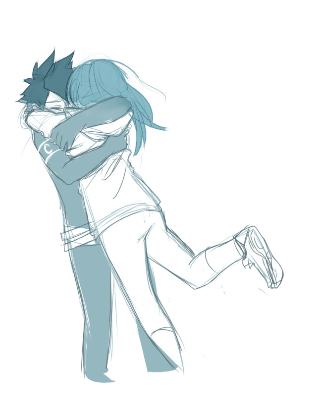 Jason and Melodie hugging. Melodie has one leg popped up and Jason is a bit off balance from the intensity of the hug. Much Fluff, Very cute. 10 out of 10. I can write in the alt text whatever I want. Have a secret novel.