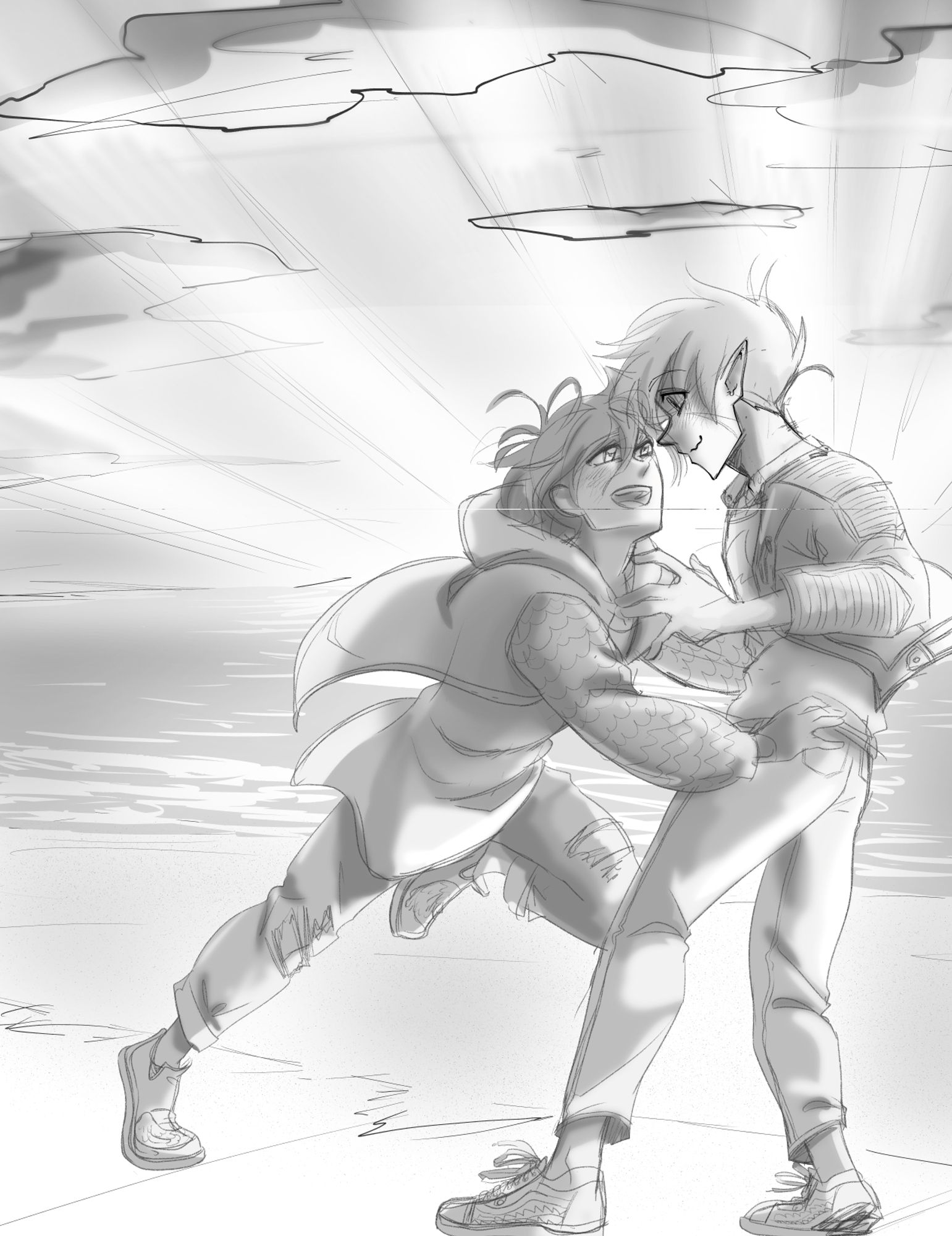 human kappa and siren from Castle Swimmer webtoon. It's a sketchy scene of a very happy kappa running to siren with intent of embracing him.