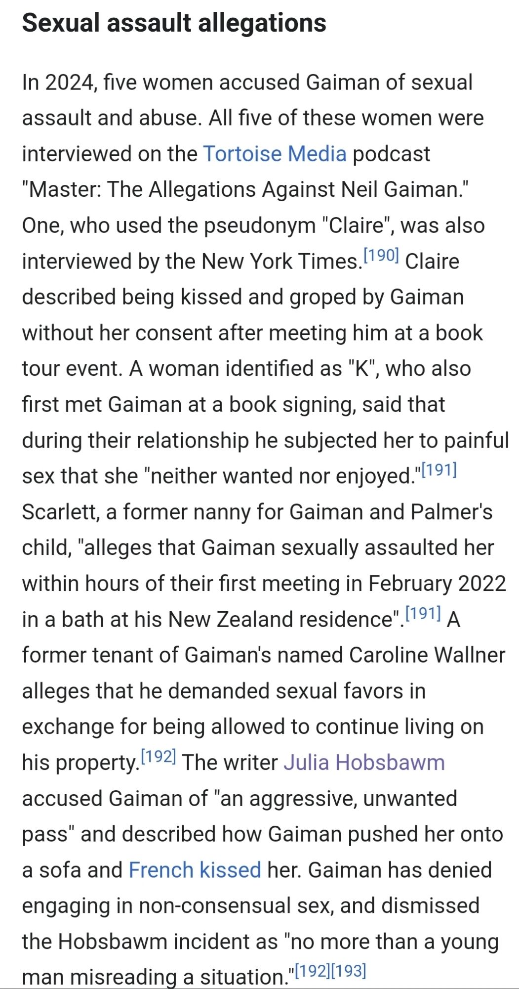 Updated article on sexual assault allegations on Neil Gaiman Wikipedia entry