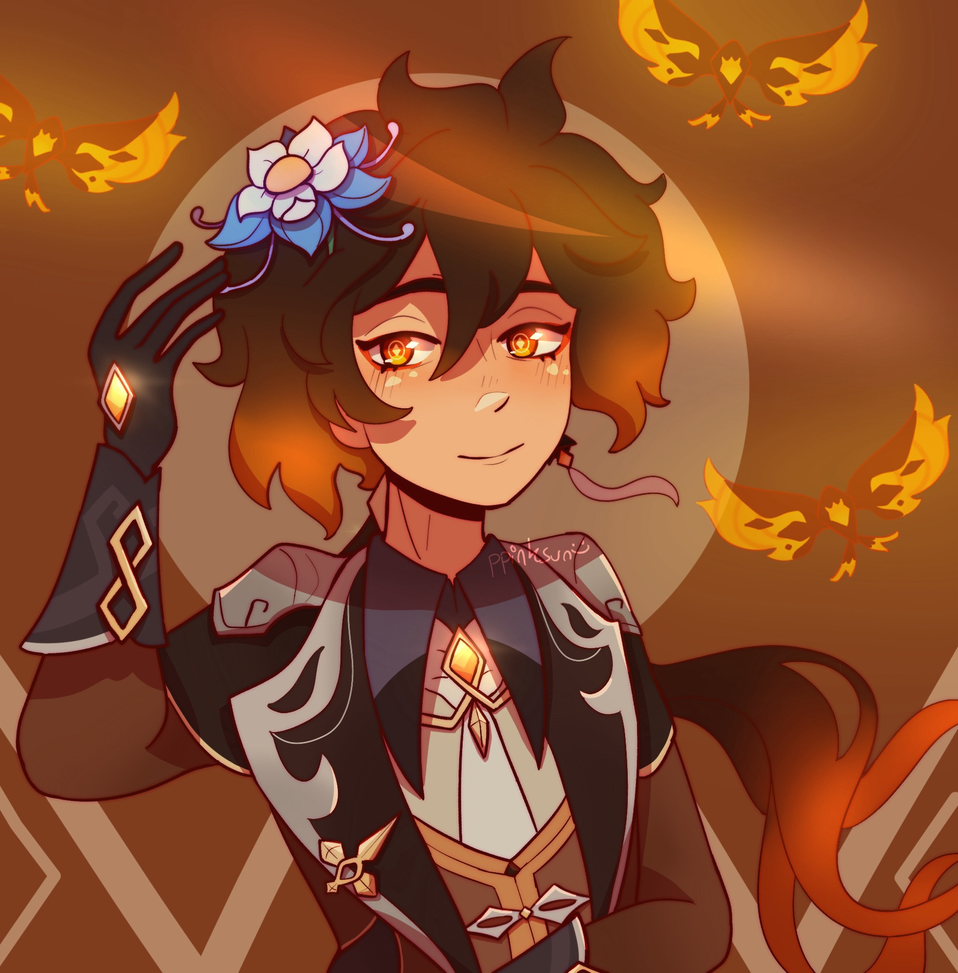 zhongli with a glaze lily in his hair some crystal flies around him