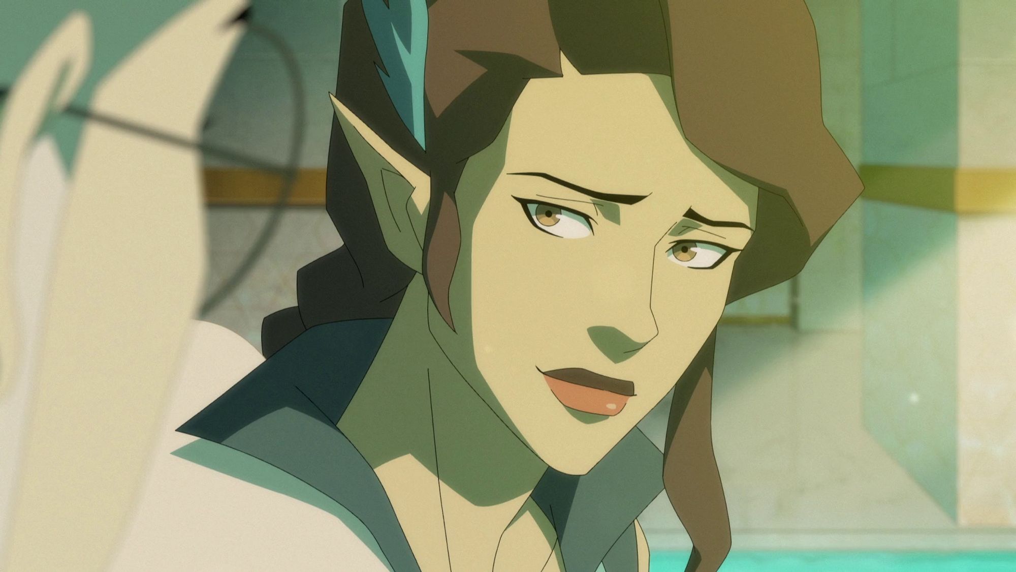 Screenshot of Vex from The Legend of Vox Machina. It's a close up of her face as she's looking at Percy. From S03E02