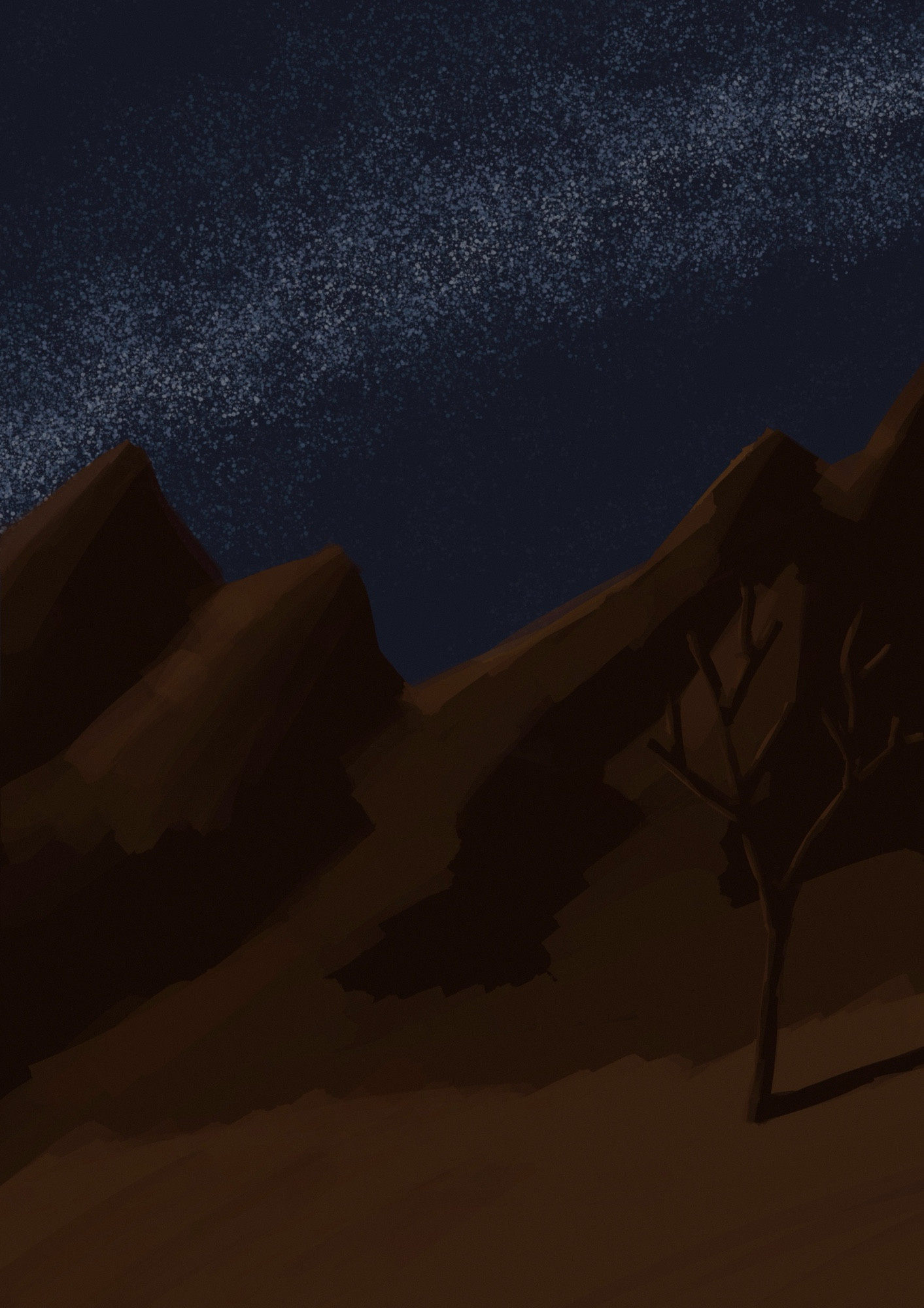 It’s a drawing of a desert landscape, with some mountains at a distance, a lonely tree and a starry night sky 