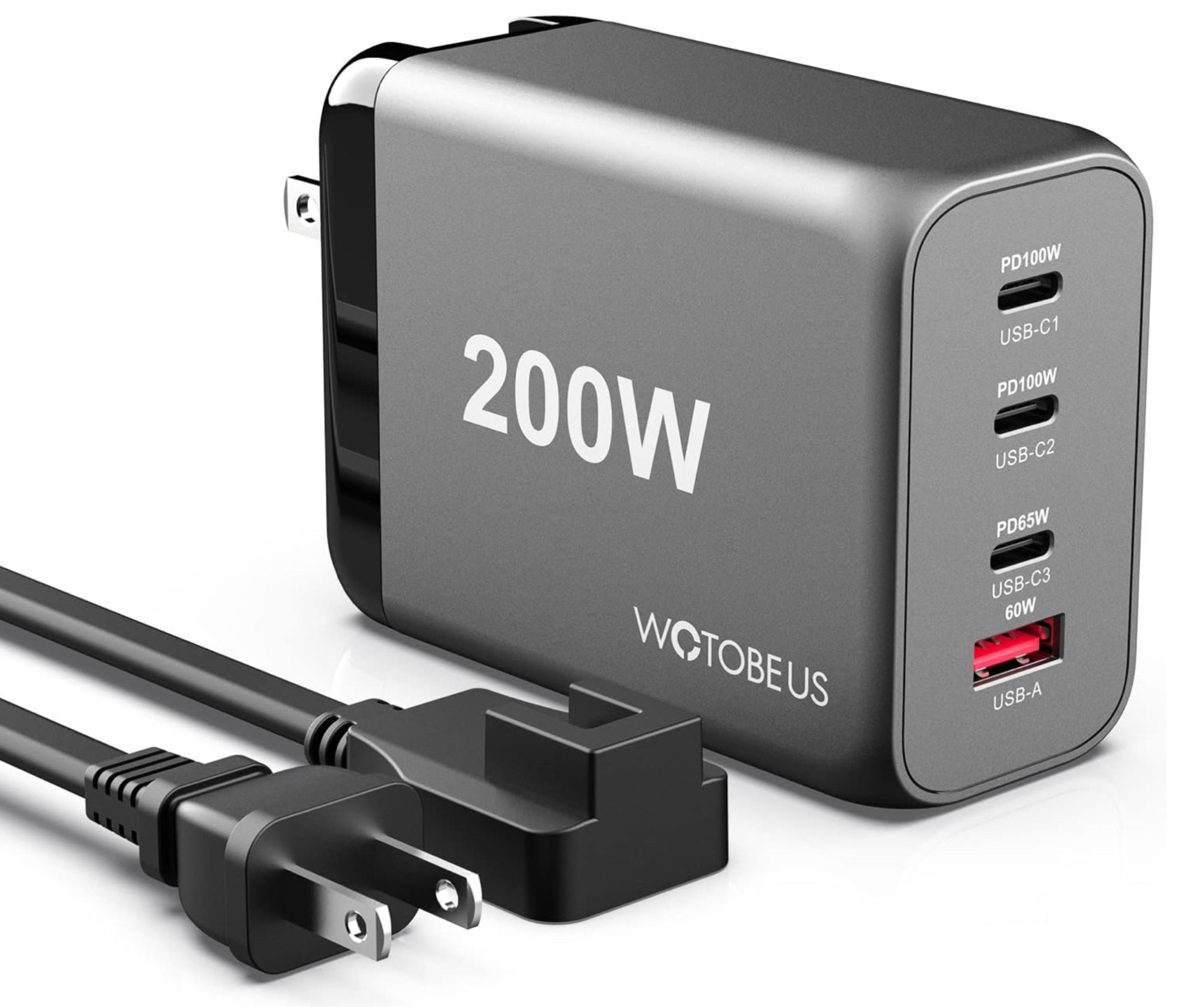 Picture shows the 200W WOTOBEUS 4-port charger and included form fitting extension cable. The charger has 4 ports. 3 usb-c and 1 usb-a. The top 2 usb-c can provide a max of 100w. The 3rd usb-c can provide a max of 65w. The last usb-a port can provide a max of 60w.